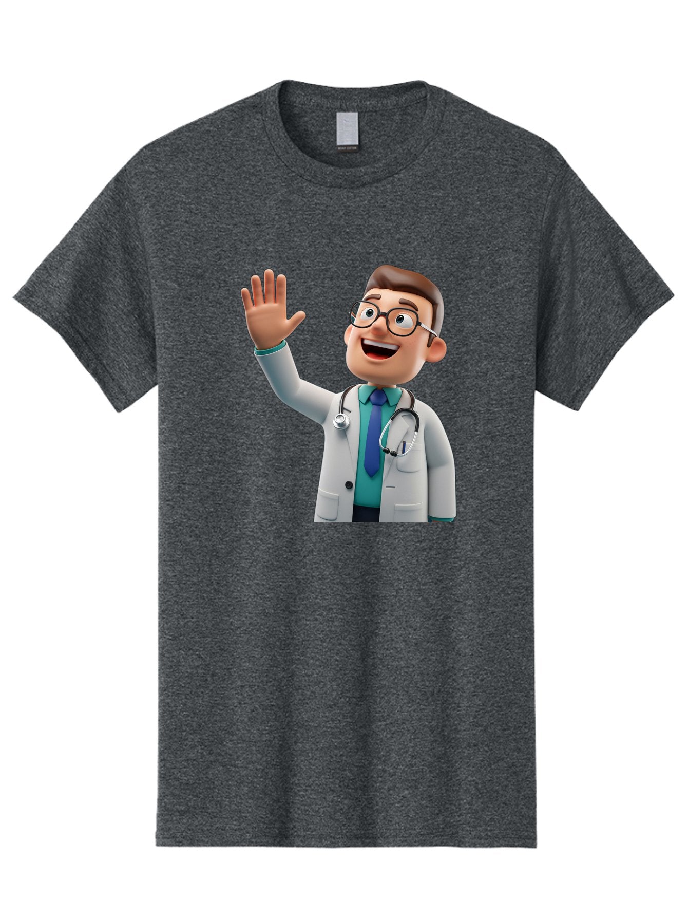 Doctor-Waving-1 Men'S Graphic Tee, 100% Cotton, Comfortable Casual Summer Wear, Machine Washable, Cartoon Doctor, Waving Hand, Friendly Gesture, Medical Professional, Stethoscope Around Neck, White Lab Coat, Blue Tie, Smiling Face, Baa484 12