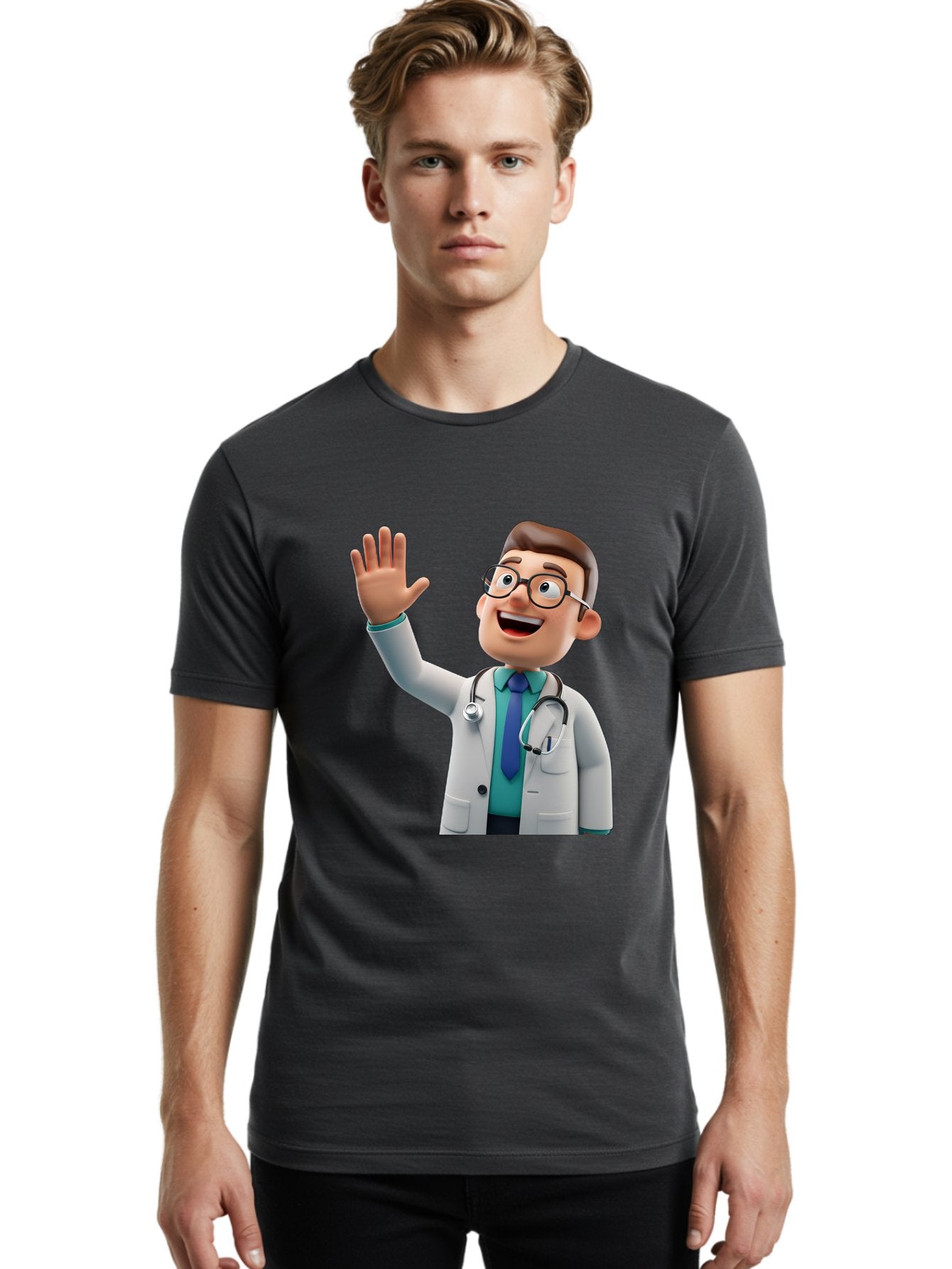 Doctor-Waving-1 Men'S Graphic Tee, 100% Cotton, Comfortable Casual Summer Wear, Machine Washable, Cartoon Doctor, Waving Hand, Friendly Gesture, Medical Professional, Stethoscope Around Neck, White Lab Coat, Blue Tie, Smiling Face, Baa484 28