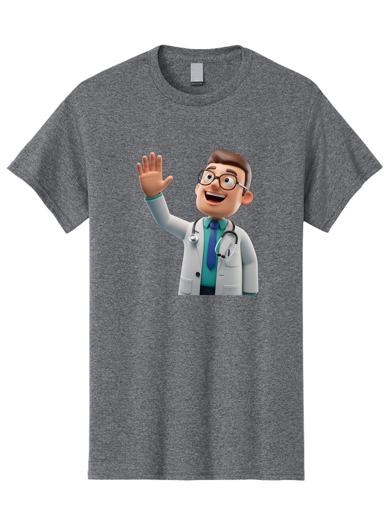 Doctor-Waving-1 Men'S Graphic Tee, 100% Cotton, Comfortable Casual Summer Wear, Machine Washable, Cartoon Doctor, Waving Hand, Friendly Gesture, Medical Professional, Stethoscope Around Neck, White Lab Coat, Blue Tie, Smiling Face, Baa484 3