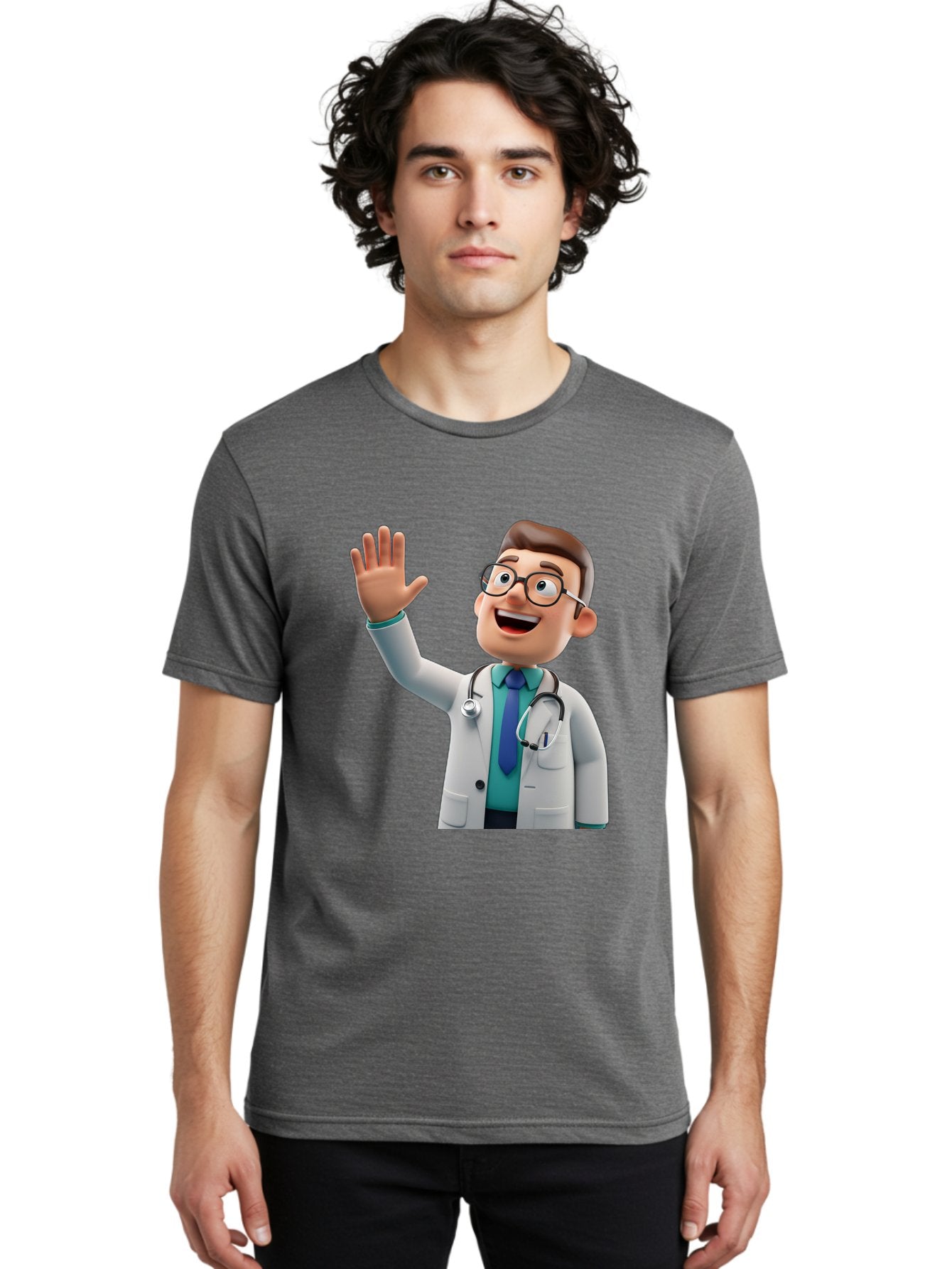 Doctor-Waving-1 Men'S Graphic Tee, 100% Cotton, Comfortable Casual Summer Wear, Machine Washable, Cartoon Doctor, Waving Hand, Friendly Gesture, Medical Professional, Stethoscope Around Neck, White Lab Coat, Blue Tie, Smiling Face, Baa484 22
