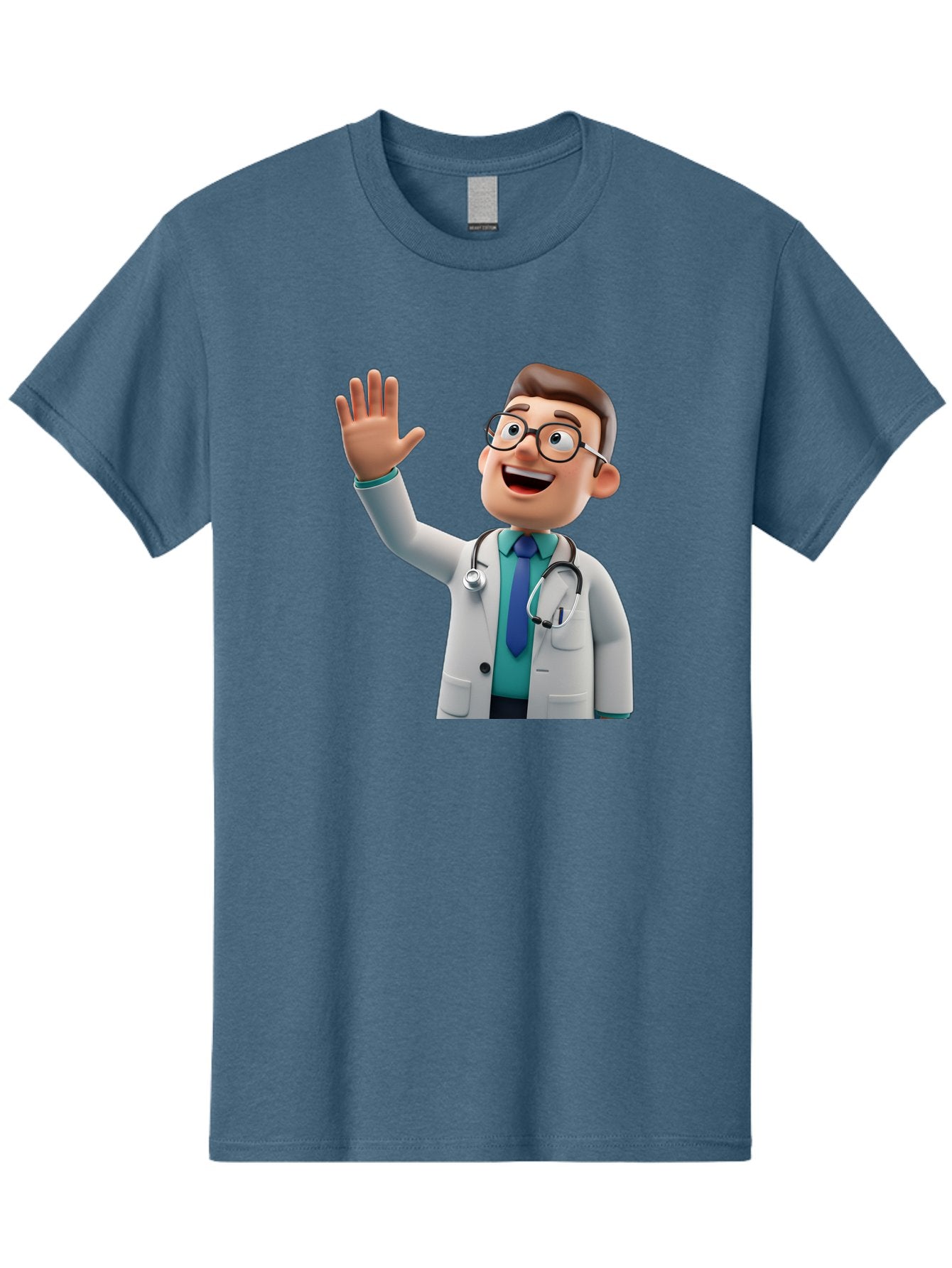 Doctor-Waving-1 Men'S Graphic Tee, 100% Cotton, Comfortable Casual Summer Wear, Machine Washable, Cartoon Doctor, Waving Hand, Friendly Gesture, Medical Professional, Stethoscope Around Neck, White Lab Coat, Blue Tie, Smiling Face, Baa484