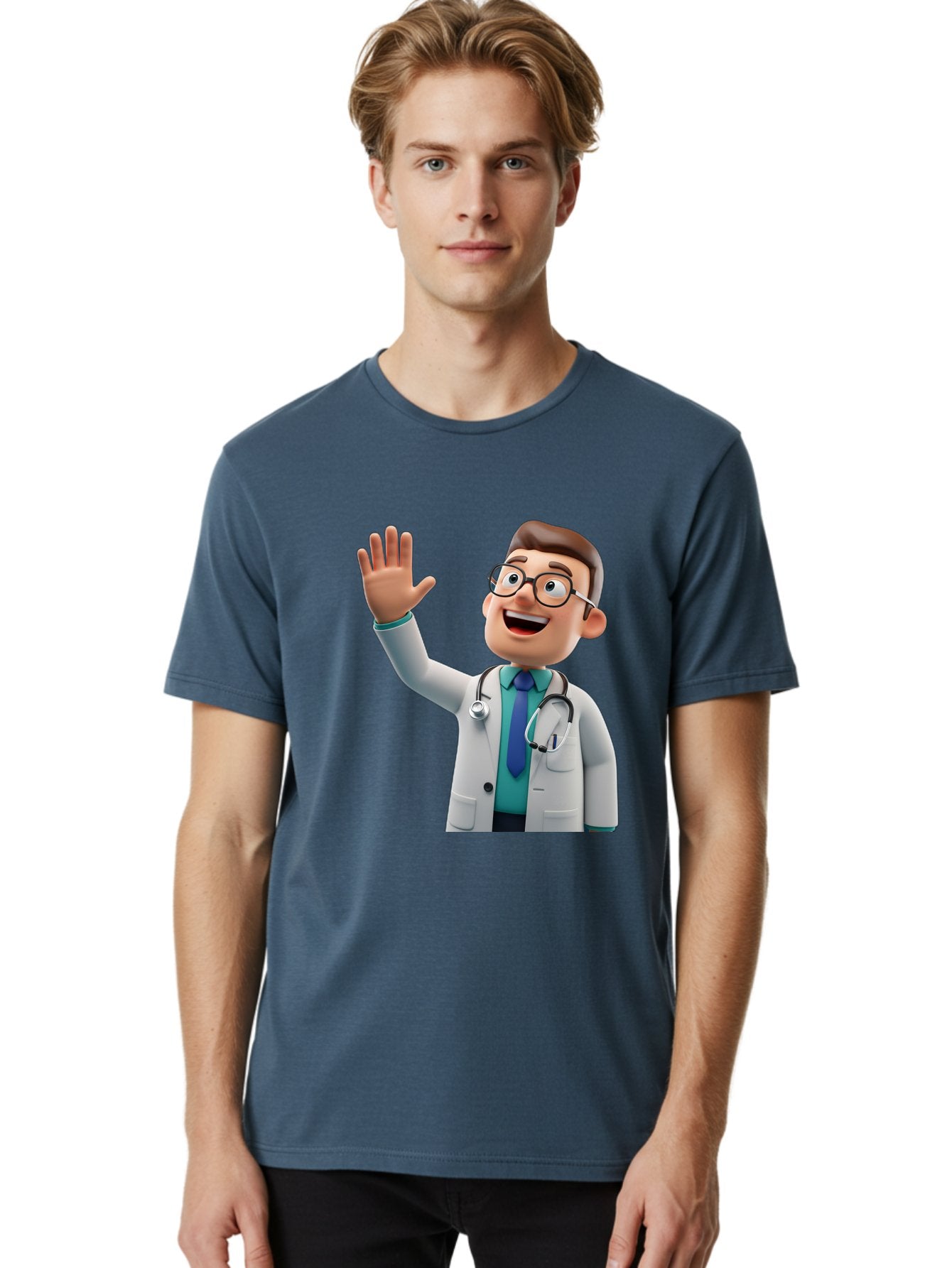 Doctor-Waving-1 Men'S Graphic Tee, 100% Cotton, Comfortable Casual Summer Wear, Machine Washable, Cartoon Doctor, Waving Hand, Friendly Gesture, Medical Professional, Stethoscope Around Neck, White Lab Coat, Blue Tie, Smiling Face, Baa484 19
