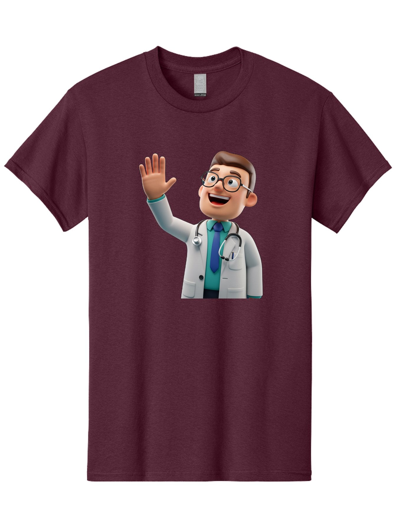 Doctor-Waving-1 Men'S Graphic Tee, 100% Cotton, Comfortable Casual Summer Wear, Machine Washable, Cartoon Doctor, Waving Hand, Friendly Gesture, Medical Professional, Stethoscope Around Neck, White Lab Coat, Blue Tie, Smiling Face, Baa484 11