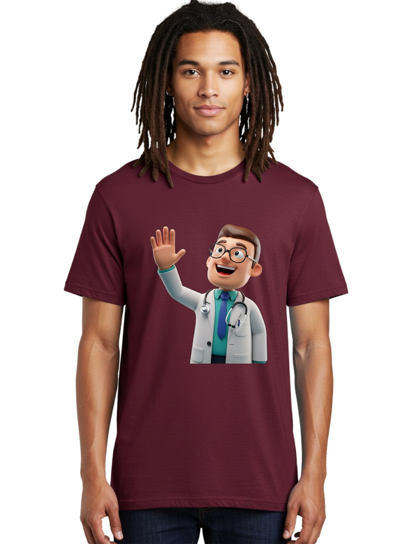 Doctor-Waving-1 Men'S Graphic Tee, 100% Cotton, Comfortable Casual Summer Wear, Machine Washable, Cartoon Doctor, Waving Hand, Friendly Gesture, Medical Professional, Stethoscope Around Neck, White Lab Coat, Blue Tie, Smiling Face, Baa484 27