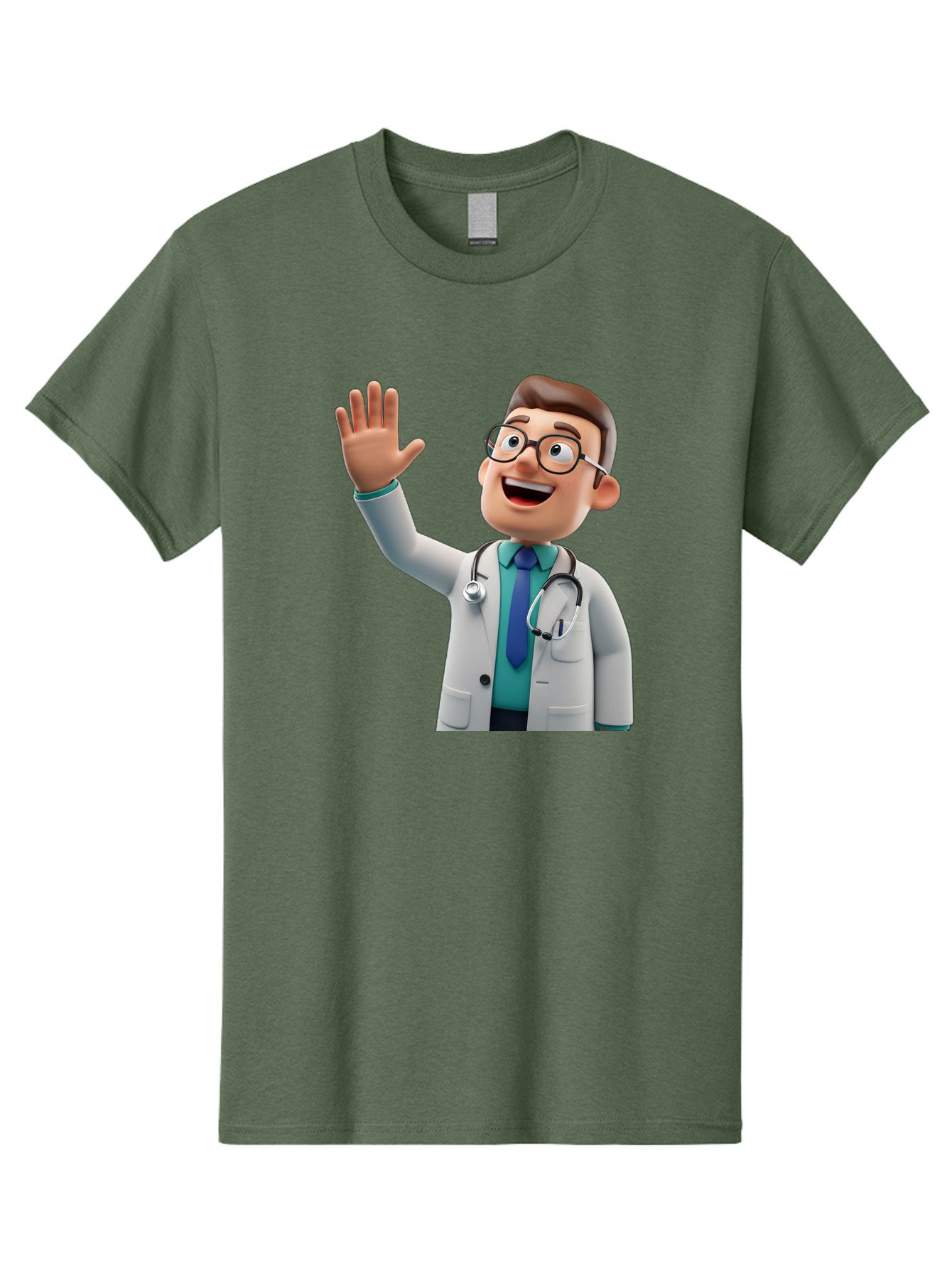 Doctor-Waving-1 Men'S Graphic Tee, 100% Cotton, Comfortable Casual Summer Wear, Machine Washable, Cartoon Doctor, Waving Hand, Friendly Gesture, Medical Professional, Stethoscope Around Neck, White Lab Coat, Blue Tie, Smiling Face, Baa484 7