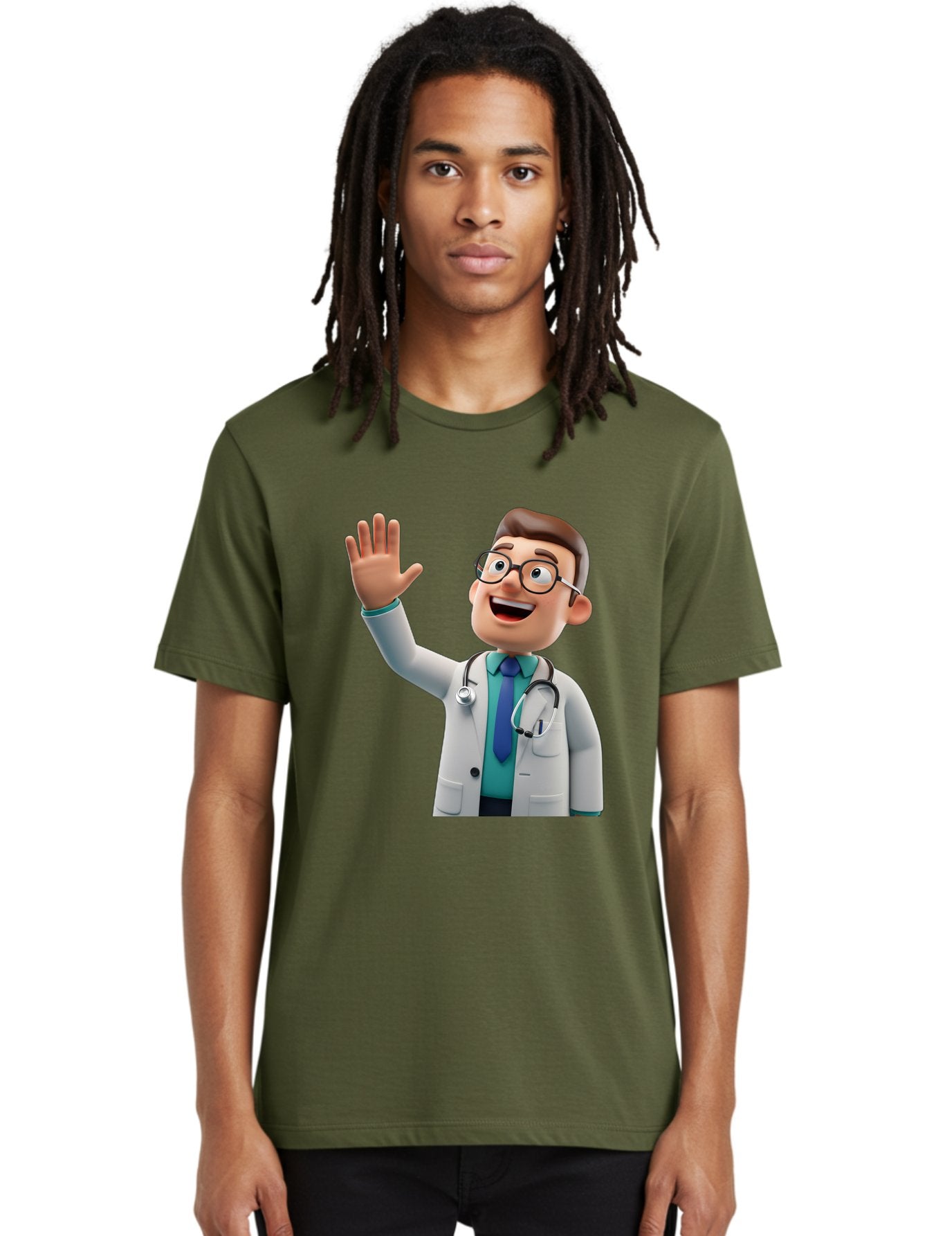 Doctor-Waving-1 Men'S Graphic Tee, 100% Cotton, Comfortable Casual Summer Wear, Machine Washable, Cartoon Doctor, Waving Hand, Friendly Gesture, Medical Professional, Stethoscope Around Neck, White Lab Coat, Blue Tie, Smiling Face, Baa484 16