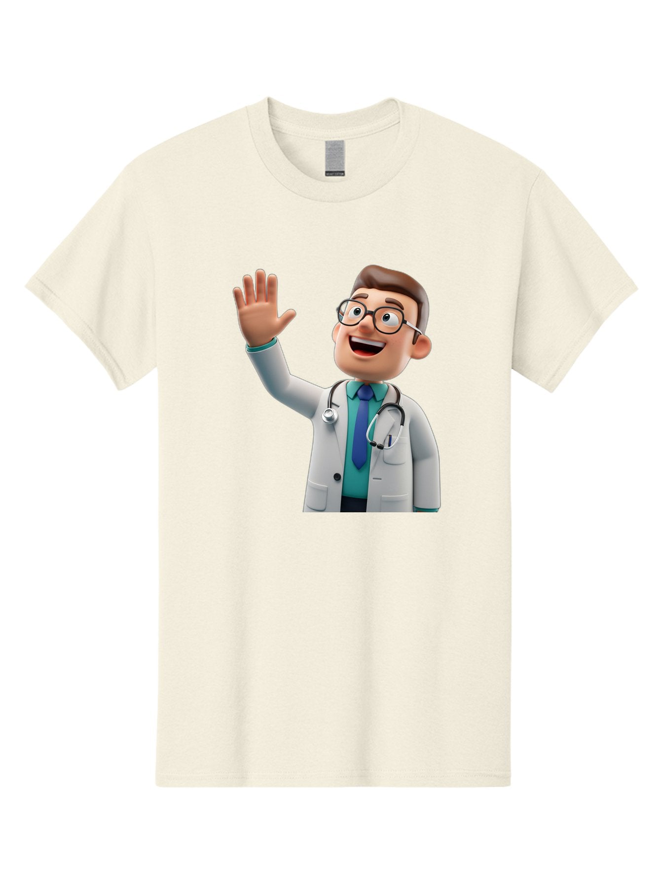 Doctor-Waving-1 Men'S Graphic Tee, 100% Cotton, Comfortable Casual Summer Wear, Machine Washable, Cartoon Doctor, Waving Hand, Friendly Gesture, Medical Professional, Stethoscope Around Neck, White Lab Coat, Blue Tie, Smiling Face, Baa484 9