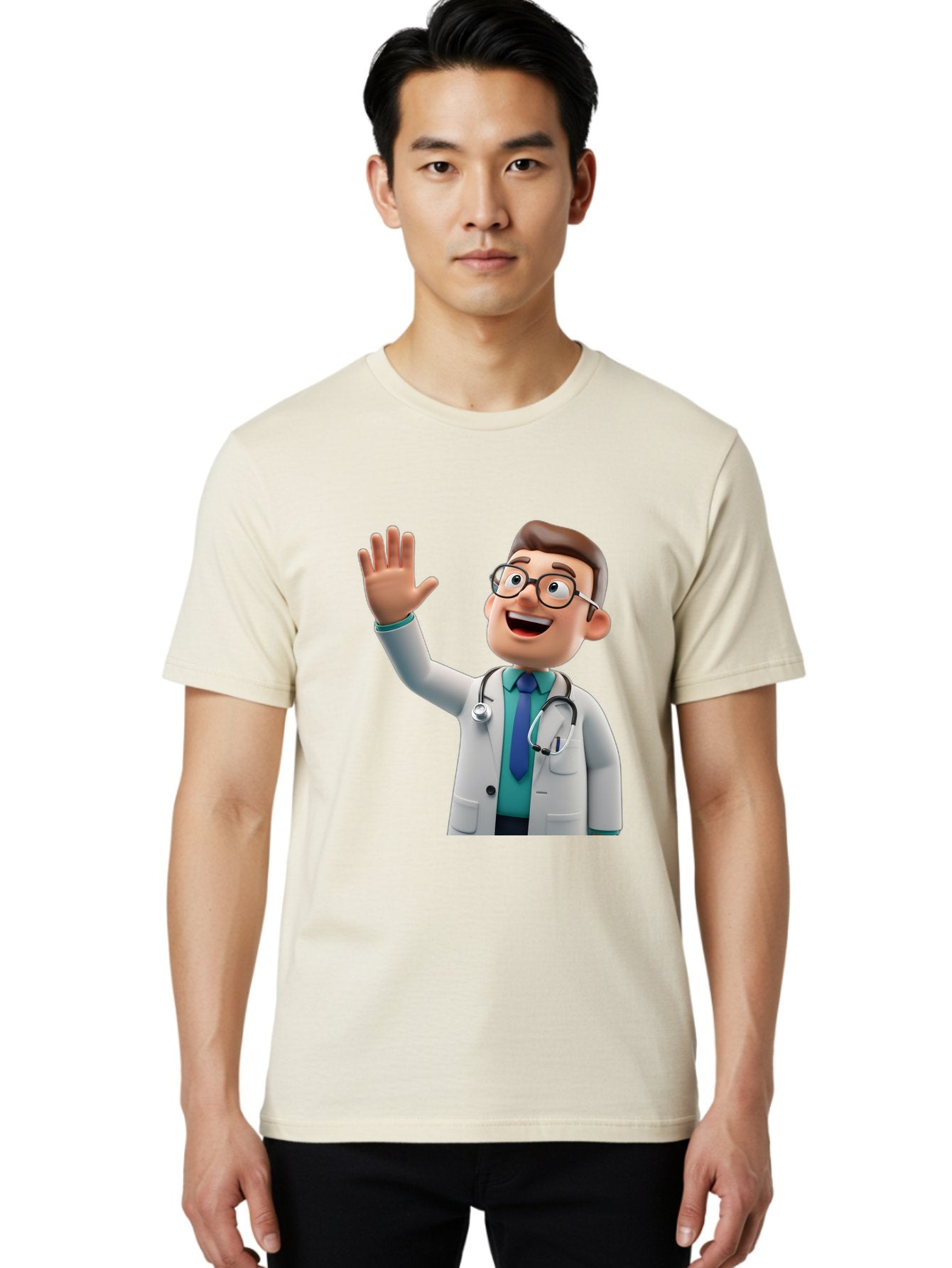 Doctor-Waving-1 Men'S Graphic Tee, 100% Cotton, Comfortable Casual Summer Wear, Machine Washable, Cartoon Doctor, Waving Hand, Friendly Gesture, Medical Professional, Stethoscope Around Neck, White Lab Coat, Blue Tie, Smiling Face, Baa484 26