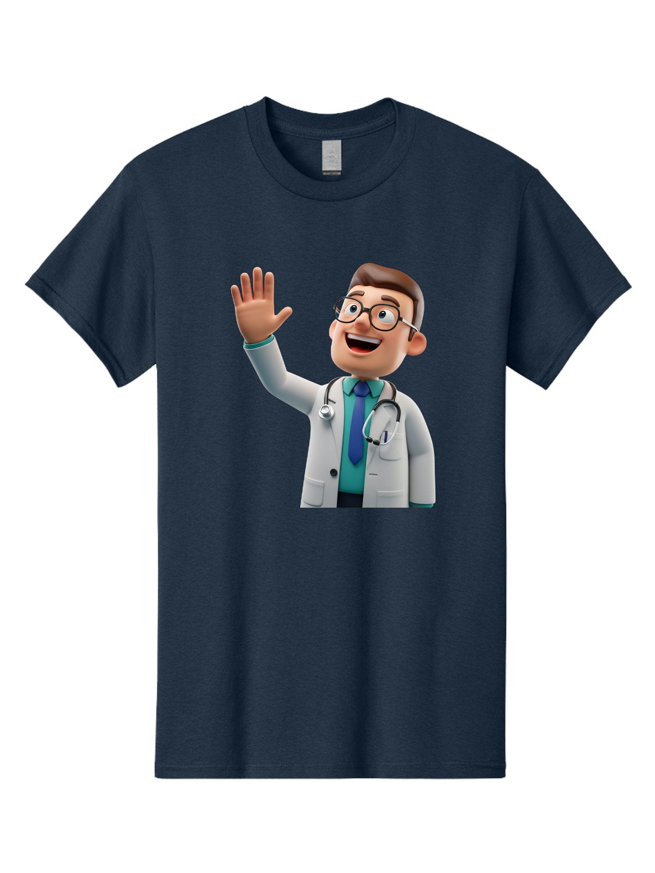 Doctor-Waving-1 Men'S Graphic Tee, 100% Cotton, Comfortable Casual Summer Wear, Machine Washable, Cartoon Doctor, Waving Hand, Friendly Gesture, Medical Professional, Stethoscope Around Neck, White Lab Coat, Blue Tie, Smiling Face, Baa484 10