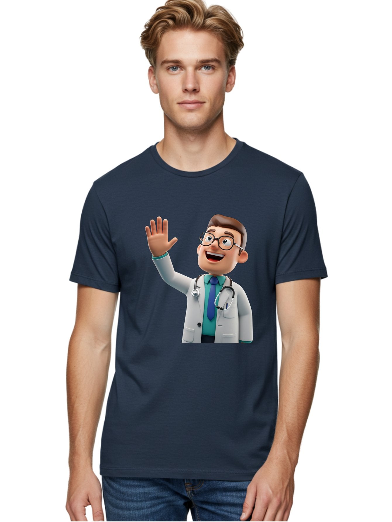 Doctor-Waving-1 Men'S Graphic Tee, 100% Cotton, Comfortable Casual Summer Wear, Machine Washable, Cartoon Doctor, Waving Hand, Friendly Gesture, Medical Professional, Stethoscope Around Neck, White Lab Coat, Blue Tie, Smiling Face, Baa484 17