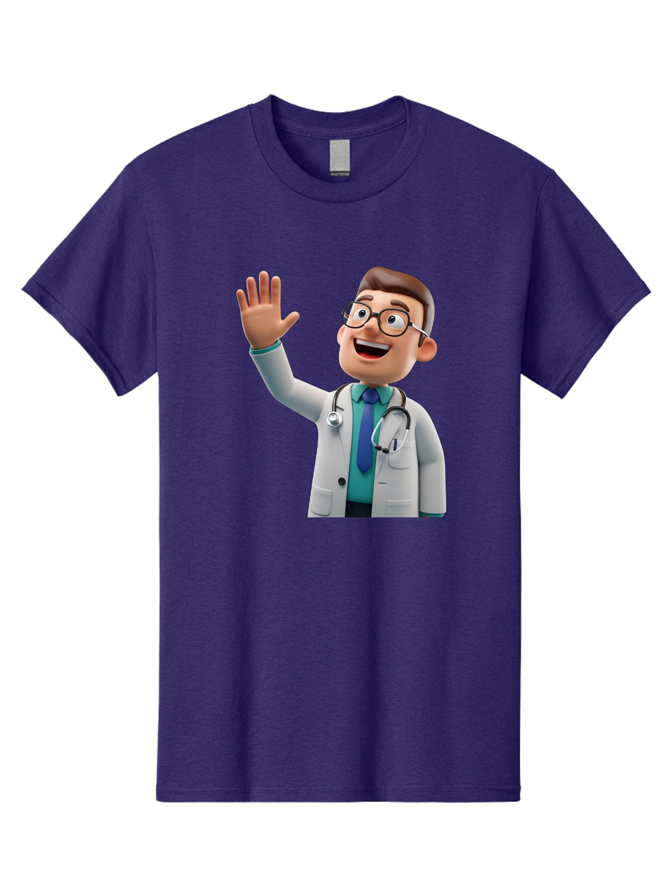 Doctor-Waving-1 Men'S Graphic Tee, 100% Cotton, Comfortable Casual Summer Wear, Machine Washable, Cartoon Doctor, Waving Hand, Friendly Gesture, Medical Professional, Stethoscope Around Neck, White Lab Coat, Blue Tie, Smiling Face, Baa484 4