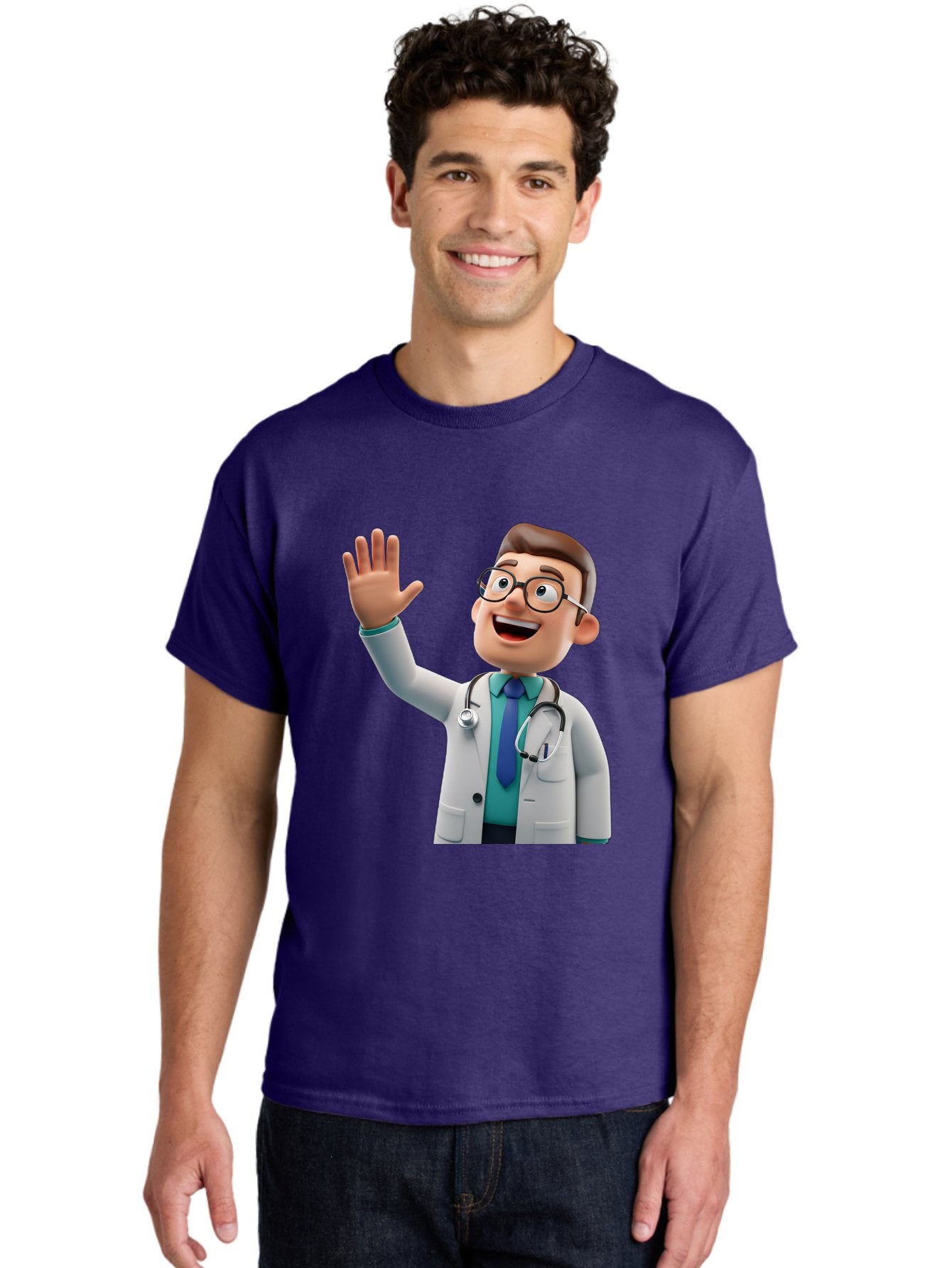 Doctor-Waving-1 Men'S Graphic Tee, 100% Cotton, Comfortable Casual Summer Wear, Machine Washable, Cartoon Doctor, Waving Hand, Friendly Gesture, Medical Professional, Stethoscope Around Neck, White Lab Coat, Blue Tie, Smiling Face, Baa484 18