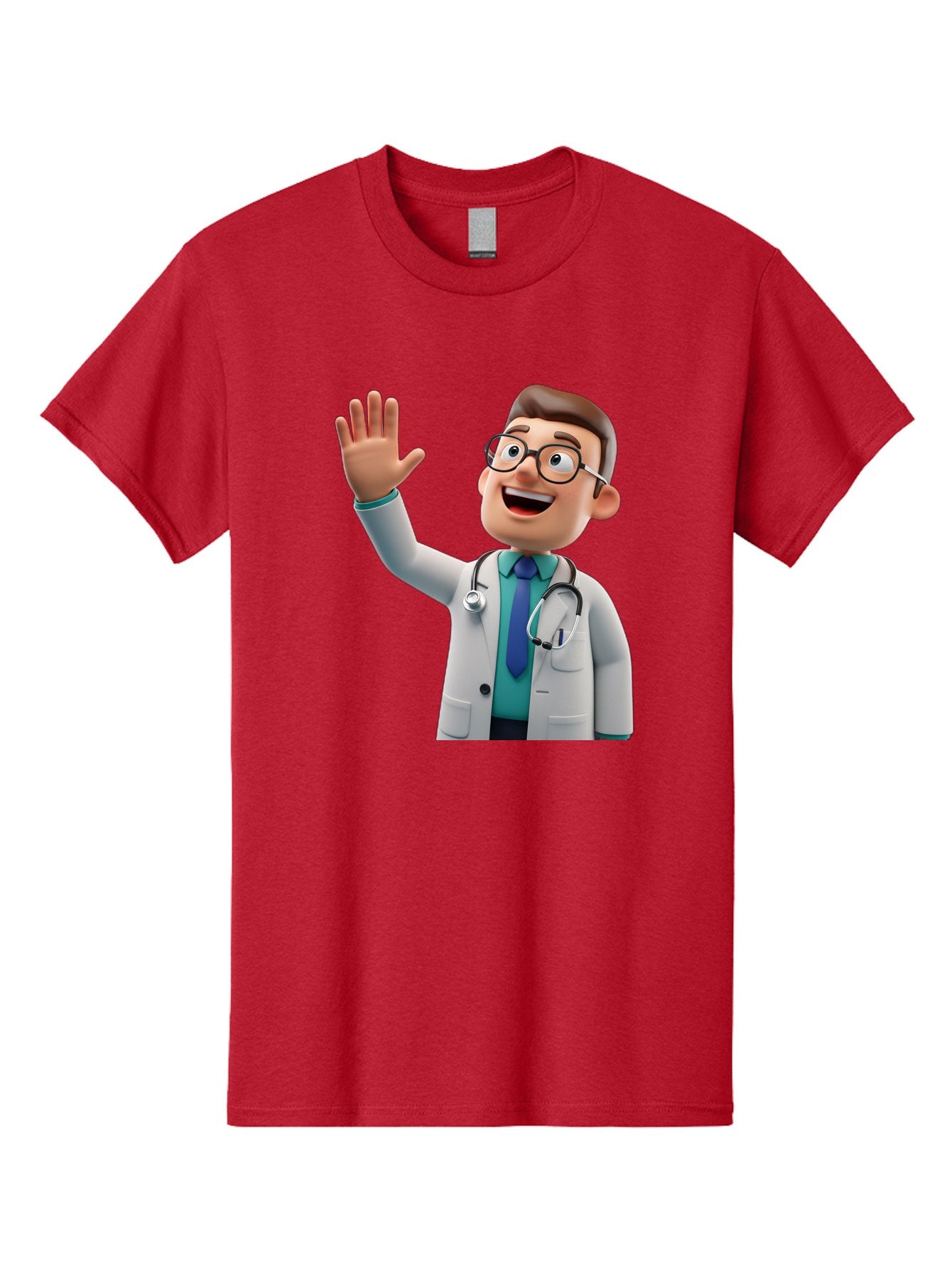 Doctor-Waving-1 Men'S Graphic Tee, 100% Cotton, Comfortable Casual Summer Wear, Machine Washable, Cartoon Doctor, Waving Hand, Friendly Gesture, Medical Professional, Stethoscope Around Neck, White Lab Coat, Blue Tie, Smiling Face, Baa484 8