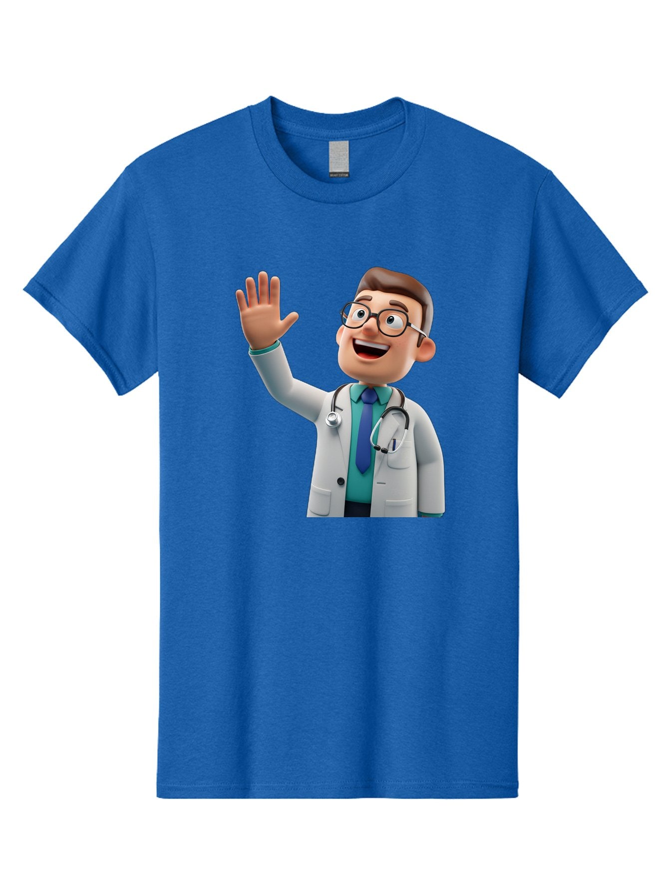 Doctor-Waving-1 Men'S Graphic Tee, 100% Cotton, Comfortable Casual Summer Wear, Machine Washable, Cartoon Doctor, Waving Hand, Friendly Gesture, Medical Professional, Stethoscope Around Neck, White Lab Coat, Blue Tie, Smiling Face, Baa484
