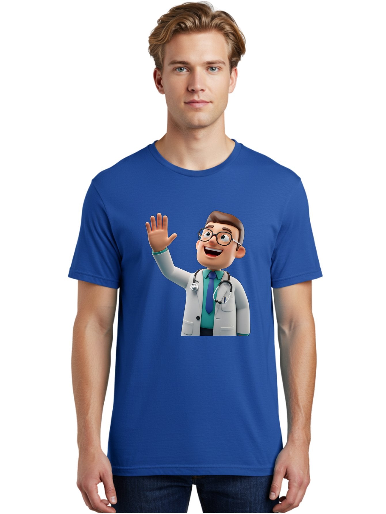 Doctor-Waving-1 Men'S Graphic Tee, 100% Cotton, Comfortable Casual Summer Wear, Machine Washable, Cartoon Doctor, Waving Hand, Friendly Gesture, Medical Professional, Stethoscope Around Neck, White Lab Coat, Blue Tie, Smiling Face, Baa484 21