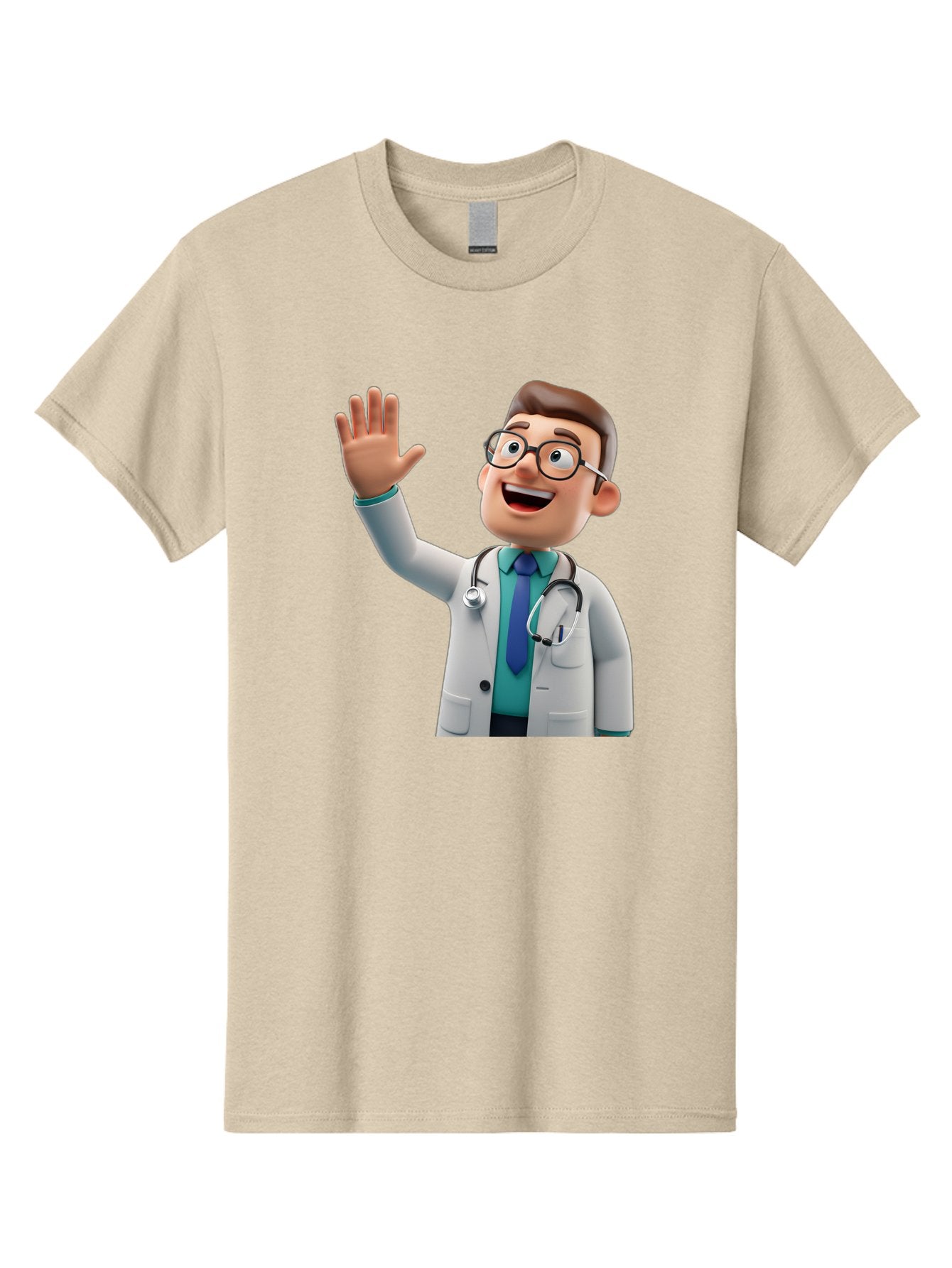 Doctor-Waving-1 Men'S Graphic Tee, 100% Cotton, Comfortable Casual Summer Wear, Machine Washable, Cartoon Doctor, Waving Hand, Friendly Gesture, Medical Professional, Stethoscope Around Neck, White Lab Coat, Blue Tie, Smiling Face, Baa484 13