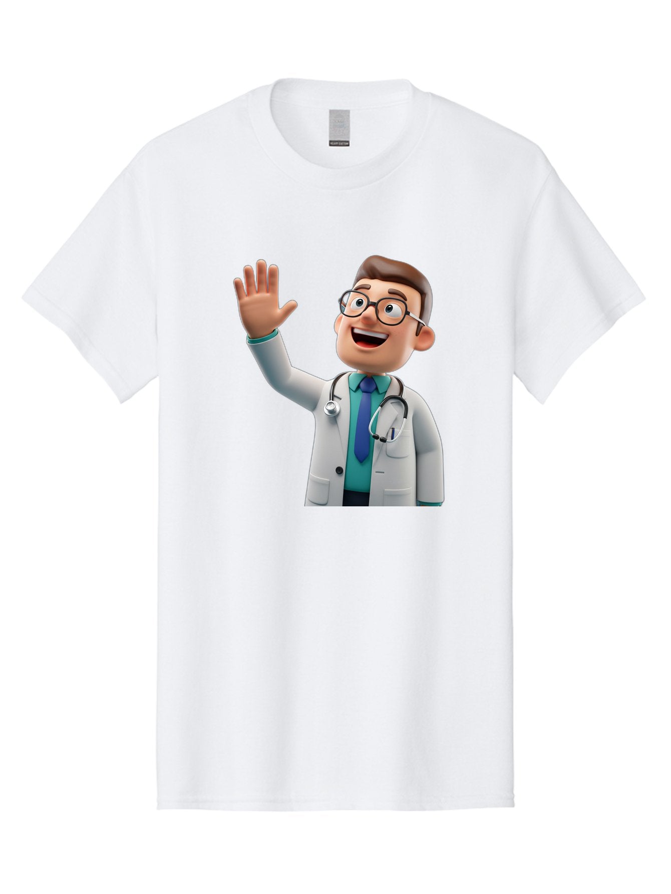 Doctor-Waving-1 Men'S Graphic Tee, 100% Cotton, Comfortable Casual Summer Wear, Machine Washable, Cartoon Doctor, Waving Hand, Friendly Gesture, Medical Professional, Stethoscope Around Neck, White Lab Coat, Blue Tie, Smiling Face, Baa484 14