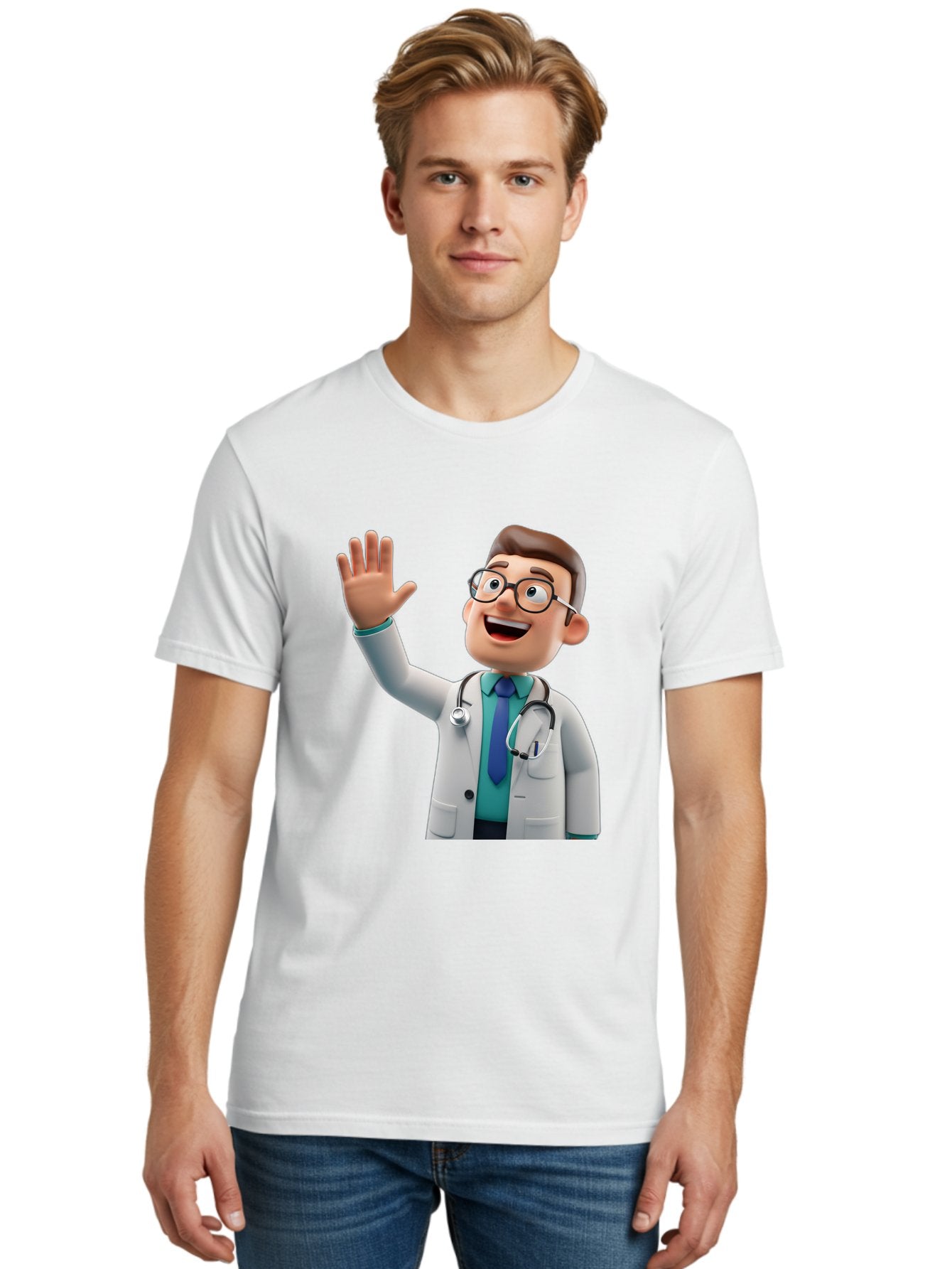 Doctor-Waving-1 Men'S Graphic Tee, 100% Cotton, Comfortable Casual Summer Wear, Machine Washable, Cartoon Doctor, Waving Hand, Friendly Gesture, Medical Professional, Stethoscope Around Neck, White Lab Coat, Blue Tie, Smiling Face, Baa484 29
