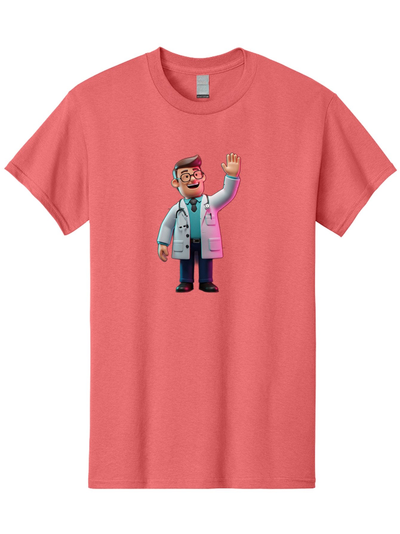 Doctor-Waving-2 Men'S Graphic Tee, 100% Cotton, Comfortable Casual Summer Wear, Machine Washable, Cartoon Doctor, 3D Illustration, Male Physician, Stethoscope Around Neck, White Lab Coat, Friendly Wave, Medical Professional, Healthcare Worker, Baa485