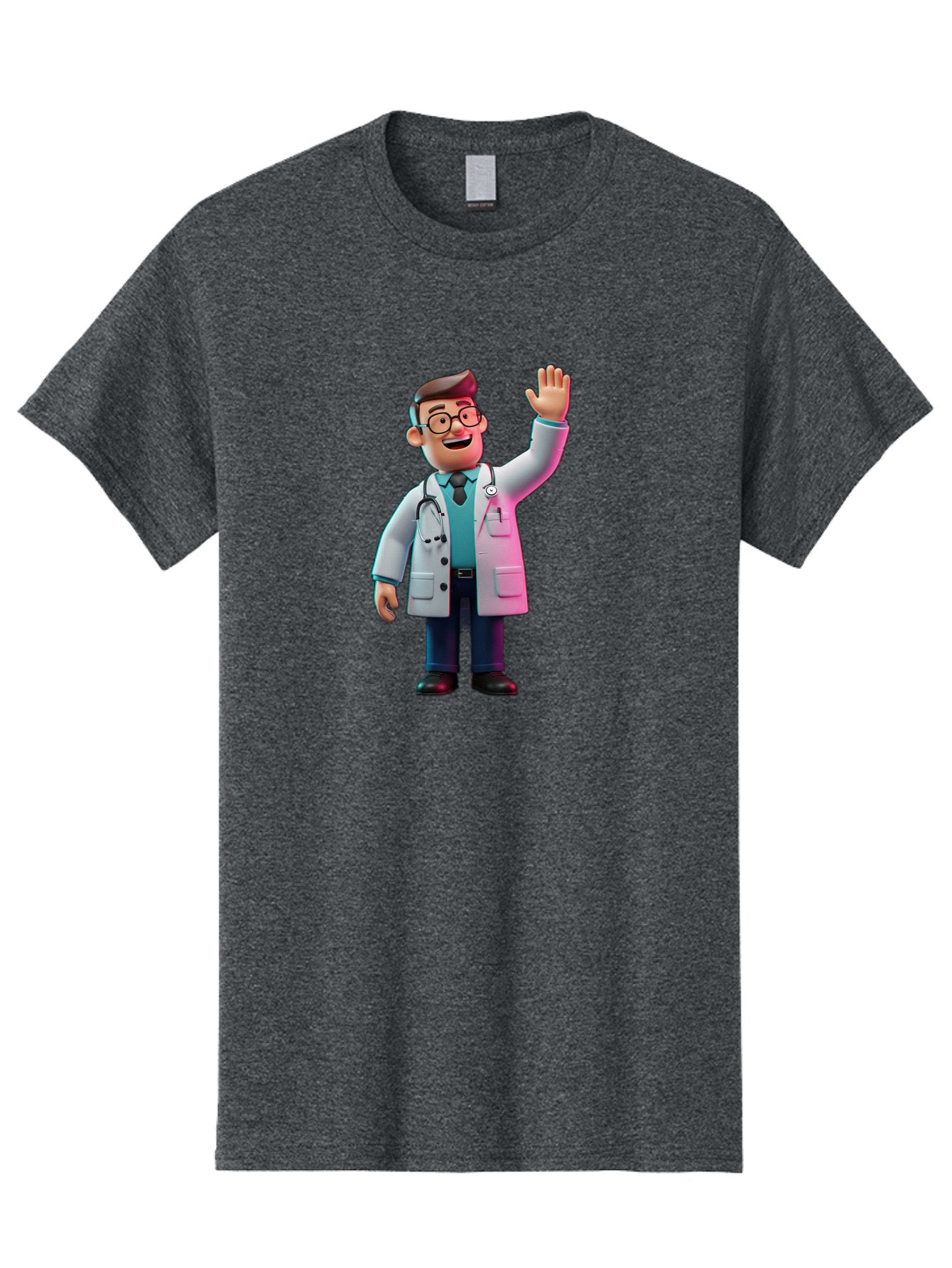 Doctor-Waving-2 Men'S Graphic Tee, 100% Cotton, Comfortable Casual Summer Wear, Machine Washable, Cartoon Doctor, 3D Illustration, Male Physician, Stethoscope Around Neck, White Lab Coat, Friendly Wave, Medical Professional, Healthcare Worker, Baa485 4