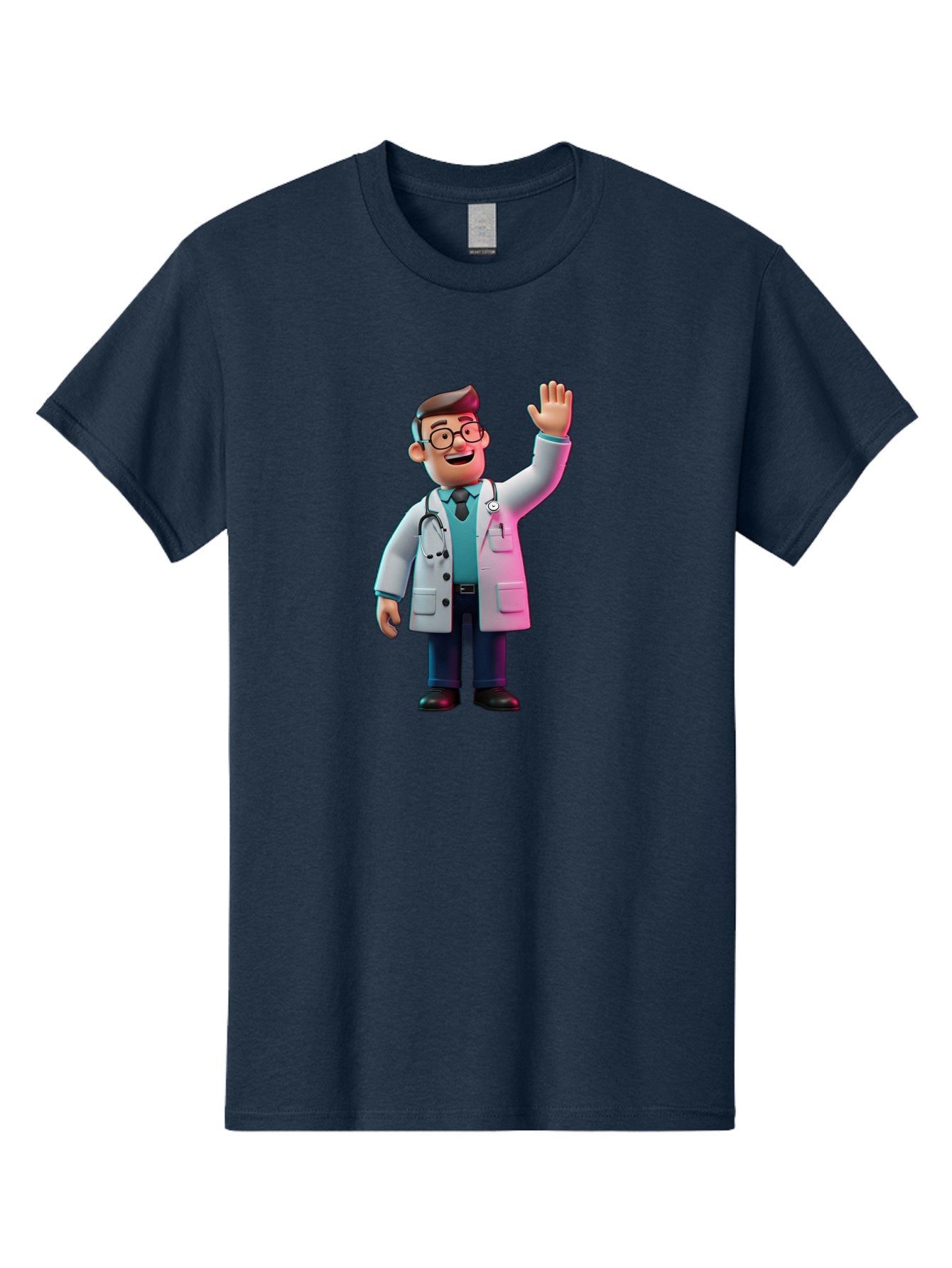 Doctor-Waving-2 Men'S Graphic Tee, 100% Cotton, Comfortable Casual Summer Wear, Machine Washable, Cartoon Doctor, 3D Illustration, Male Physician, Stethoscope Around Neck, White Lab Coat, Friendly Wave, Medical Professional, Healthcare Worker, Baa485 8