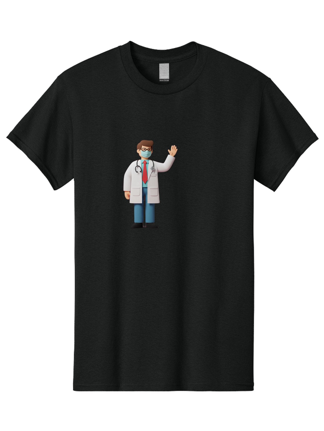 Doctor-Waving-3 Men'S Graphic Tee, 100% Cotton, Comfortable Casual Summer Wear, Machine Washable, Doctor Wearing A Mask, Waving Hand, Medical Professional, Healthcare Worker, Stethoscope Around Neck, Friendly Gesture, Cartoon Style, Baa486 14