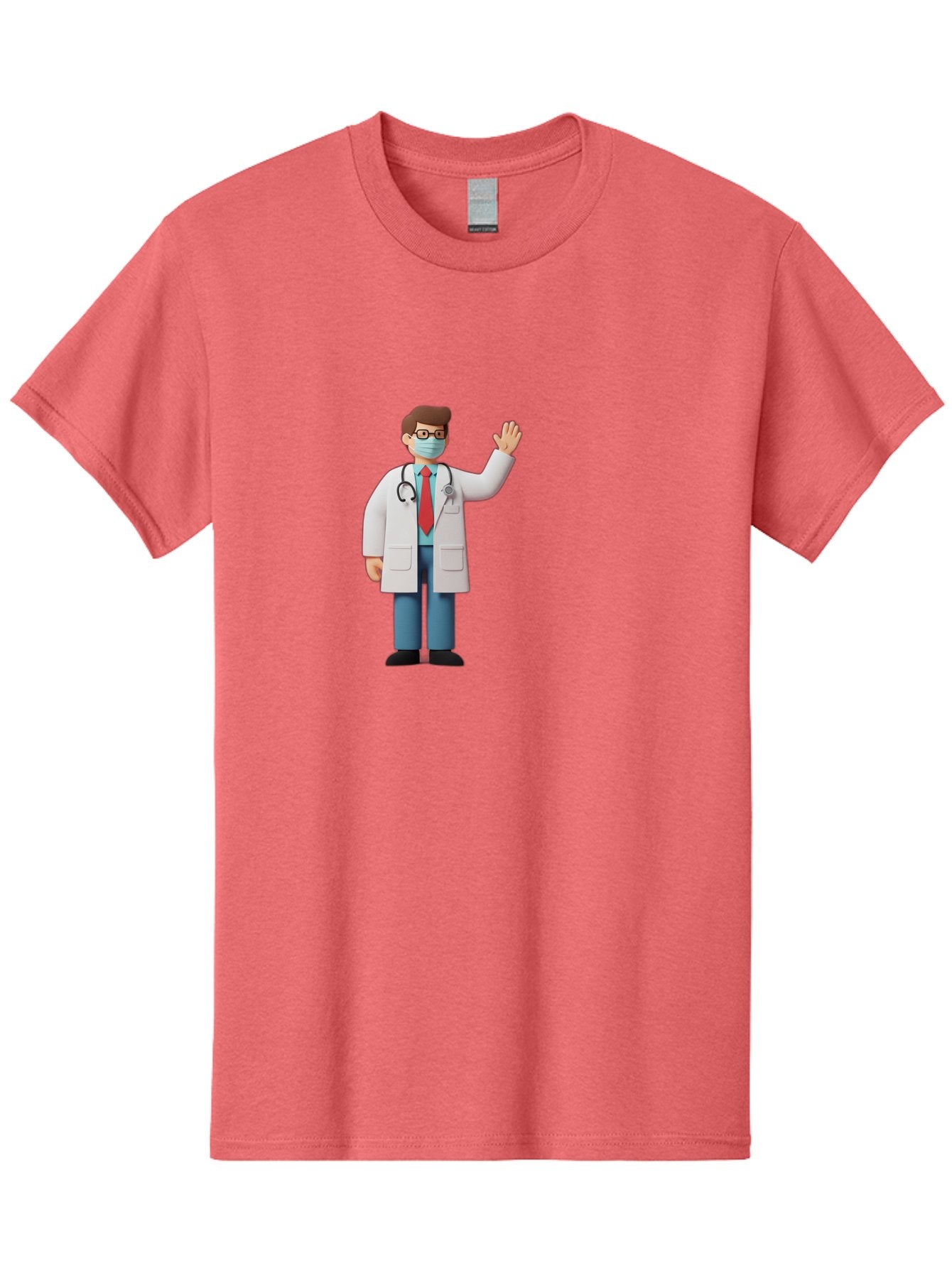 Doctor-Waving-3 Men'S Graphic Tee, 100% Cotton, Comfortable Casual Summer Wear, Machine Washable, Doctor Wearing A Mask, Waving Hand, Medical Professional, Healthcare Worker, Stethoscope Around Neck, Friendly Gesture, Cartoon Style, Baa486 8