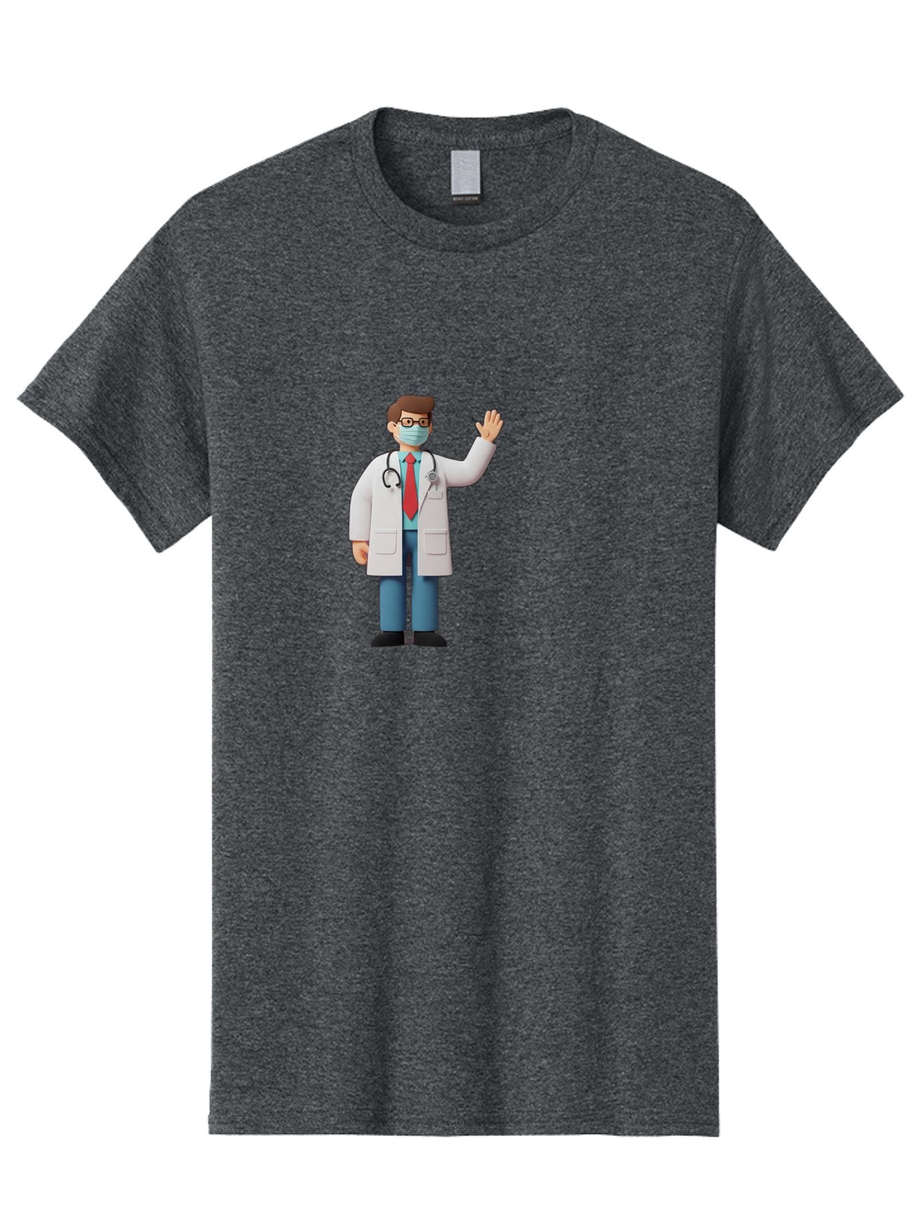 Doctor-Waving-3 Men'S Graphic Tee, 100% Cotton, Comfortable Casual Summer Wear, Machine Washable, Doctor Wearing A Mask, Waving Hand, Medical Professional, Healthcare Worker, Stethoscope Around Neck, Friendly Gesture, Cartoon Style, Baa486 5