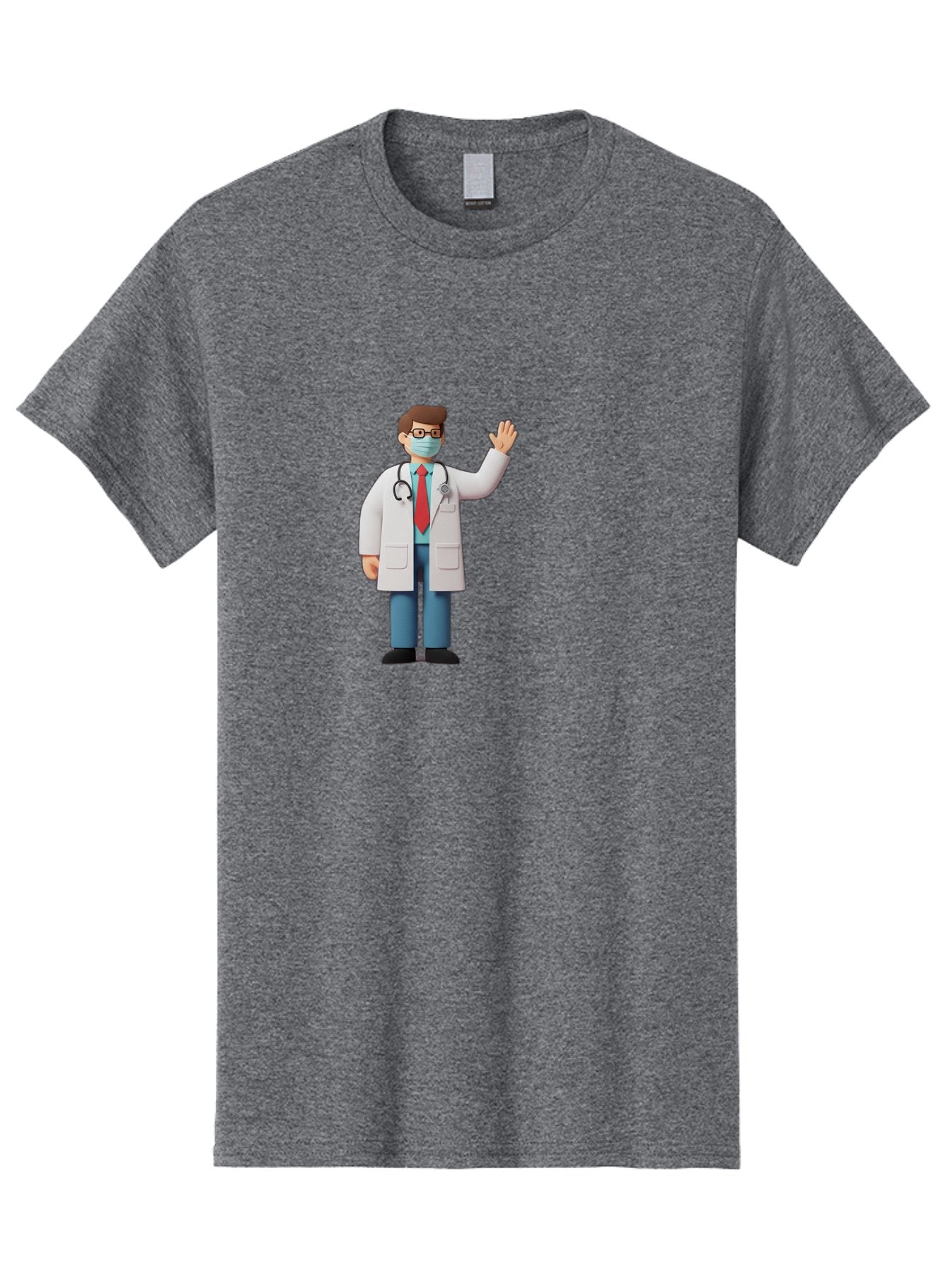 Doctor-Waving-3 Men'S Graphic Tee, 100% Cotton, Comfortable Casual Summer Wear, Machine Washable, Doctor Wearing A Mask, Waving Hand, Medical Professional, Healthcare Worker, Stethoscope Around Neck, Friendly Gesture, Cartoon Style, Baa486 13