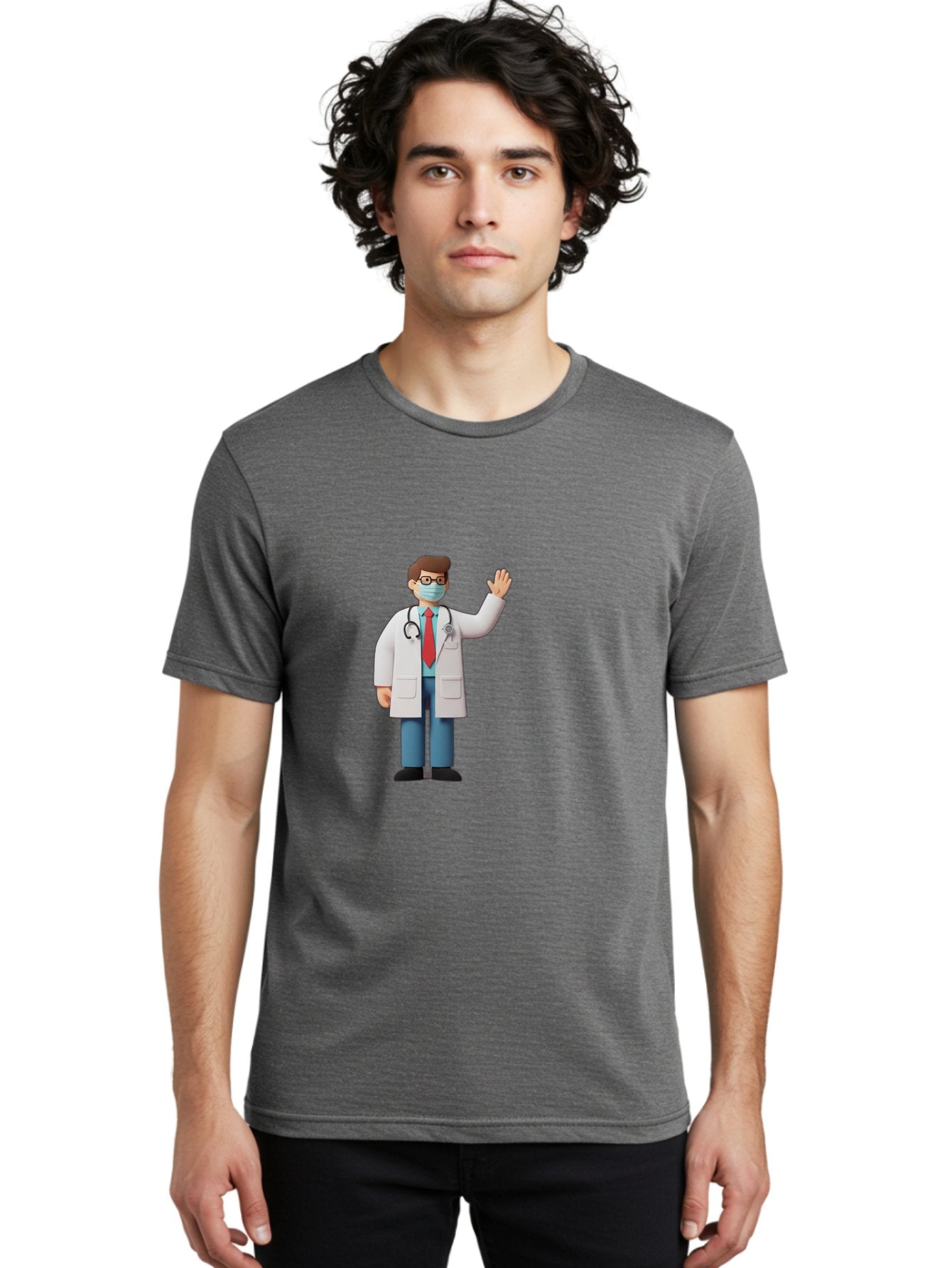 Doctor-Waving-3 Men'S Graphic Tee, 100% Cotton, Comfortable Casual Summer Wear, Machine Washable, Doctor Wearing A Mask, Waving Hand, Medical Professional, Healthcare Worker, Stethoscope Around Neck, Friendly Gesture, Cartoon Style, Baa486 20