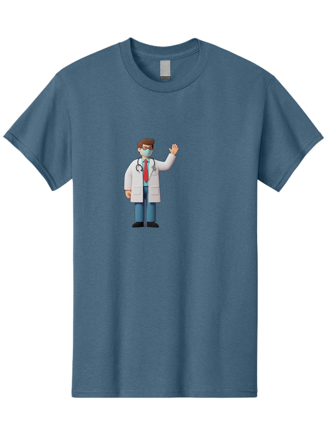 Doctor-Waving-3 Men'S Graphic Tee, 100% Cotton, Comfortable Casual Summer Wear, Machine Washable, Doctor Wearing A Mask, Waving Hand, Medical Professional, Healthcare Worker, Stethoscope Around Neck, Friendly Gesture, Cartoon Style, Baa486 6