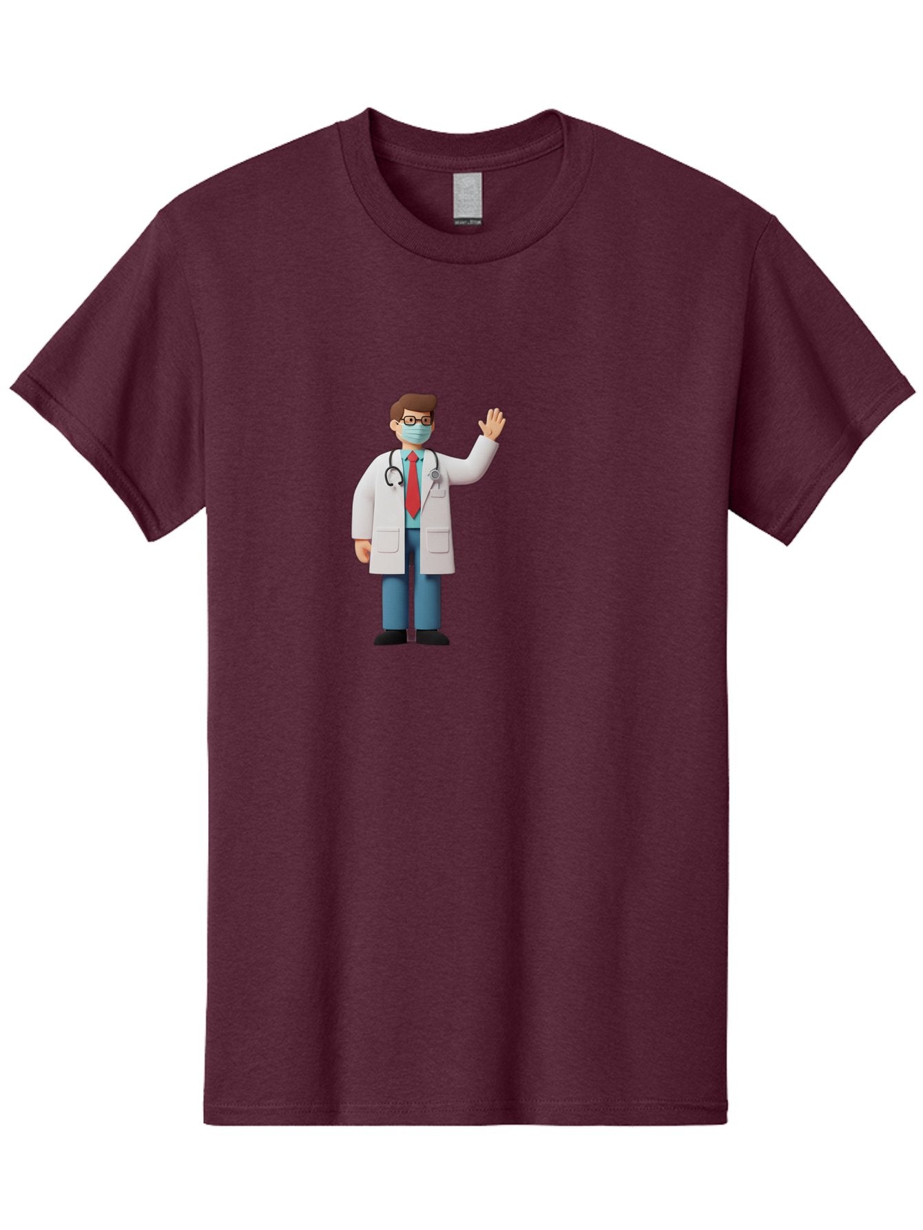 Doctor-Waving-3 Men'S Graphic Tee, 100% Cotton, Comfortable Casual Summer Wear, Machine Washable, Doctor Wearing A Mask, Waving Hand, Medical Professional, Healthcare Worker, Stethoscope Around Neck, Friendly Gesture, Cartoon Style, Baa486