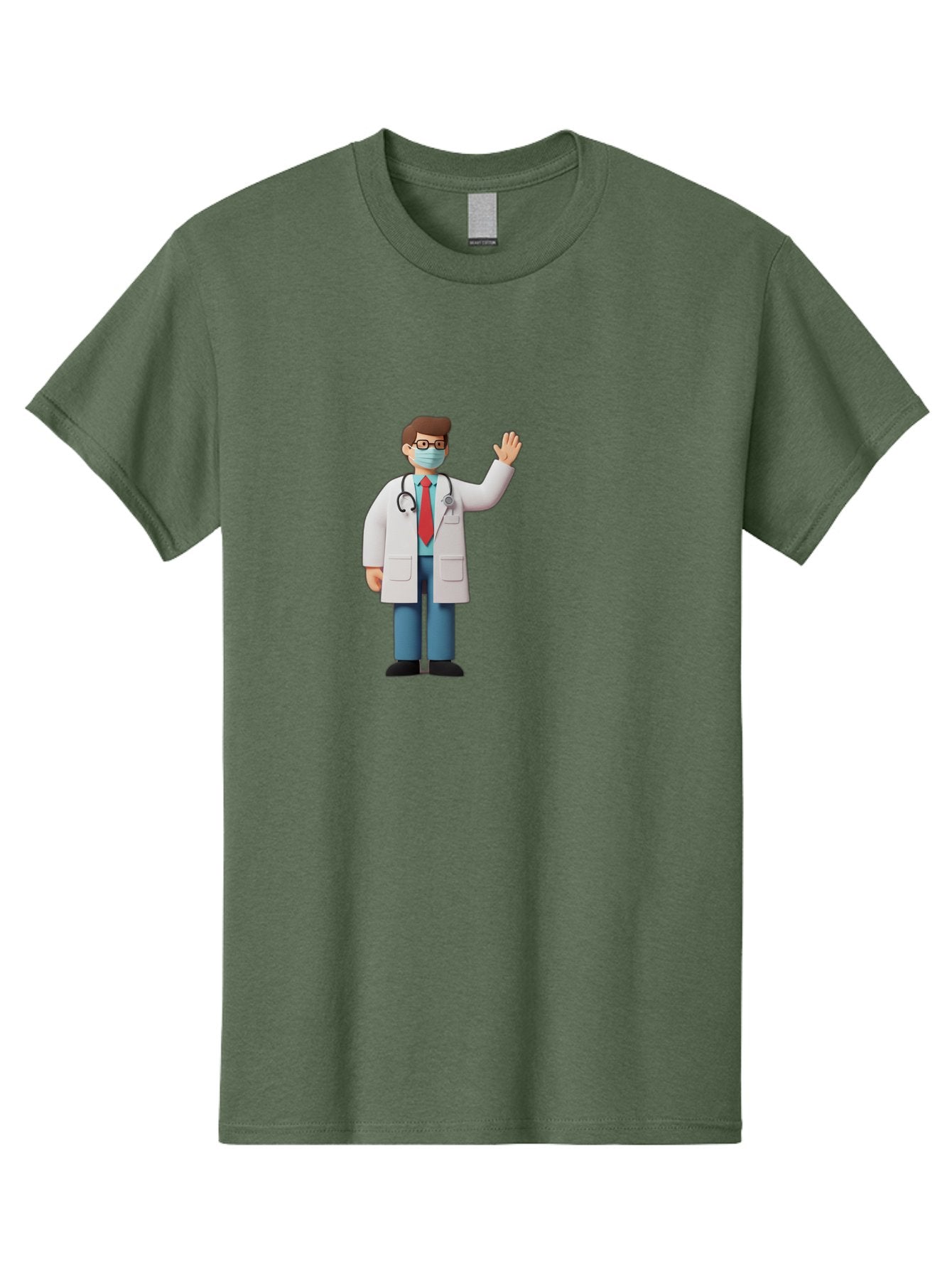 Doctor-Waving-3 Men'S Graphic Tee, 100% Cotton, Comfortable Casual Summer Wear, Machine Washable, Doctor Wearing A Mask, Waving Hand, Medical Professional, Healthcare Worker, Stethoscope Around Neck, Friendly Gesture, Cartoon Style, Baa486 9
