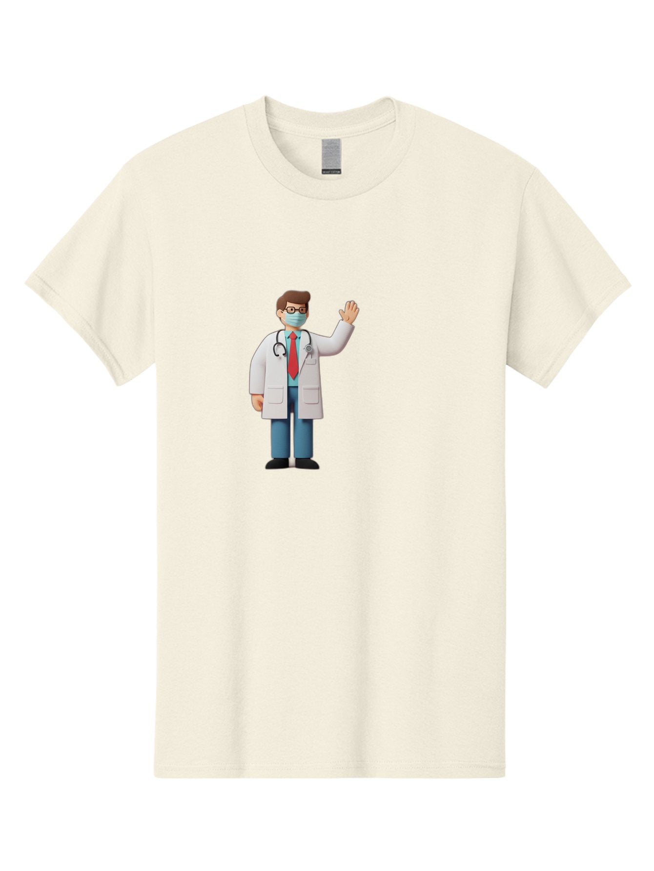 Doctor-Waving-3 Men'S Graphic Tee, 100% Cotton, Comfortable Casual Summer Wear, Machine Washable, Doctor Wearing A Mask, Waving Hand, Medical Professional, Healthcare Worker, Stethoscope Around Neck, Friendly Gesture, Cartoon Style, Baa486 15