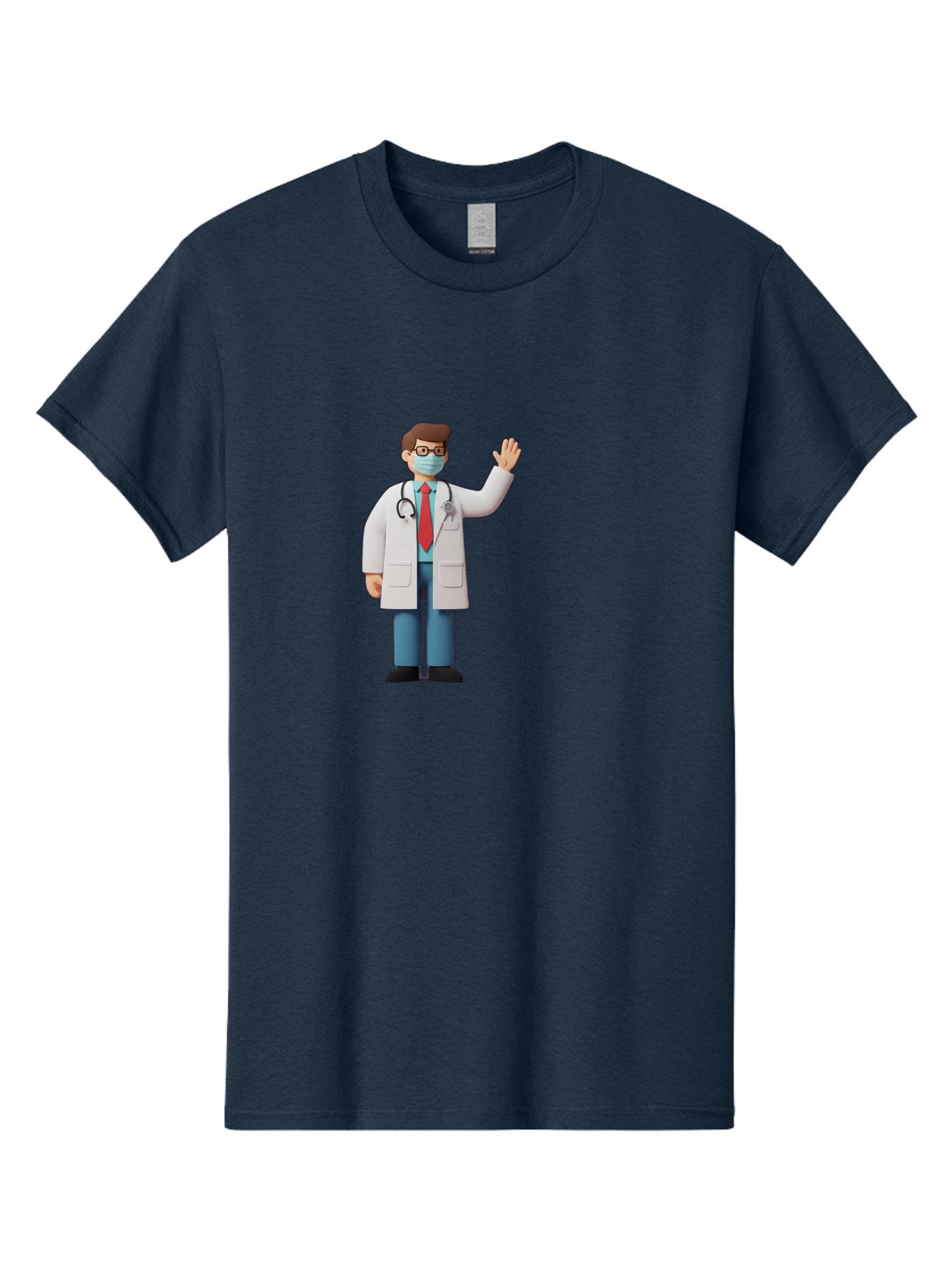 Doctor-Waving-3 Men'S Graphic Tee, 100% Cotton, Comfortable Casual Summer Wear, Machine Washable, Doctor Wearing A Mask, Waving Hand, Medical Professional, Healthcare Worker, Stethoscope Around Neck, Friendly Gesture, Cartoon Style, Baa486 12