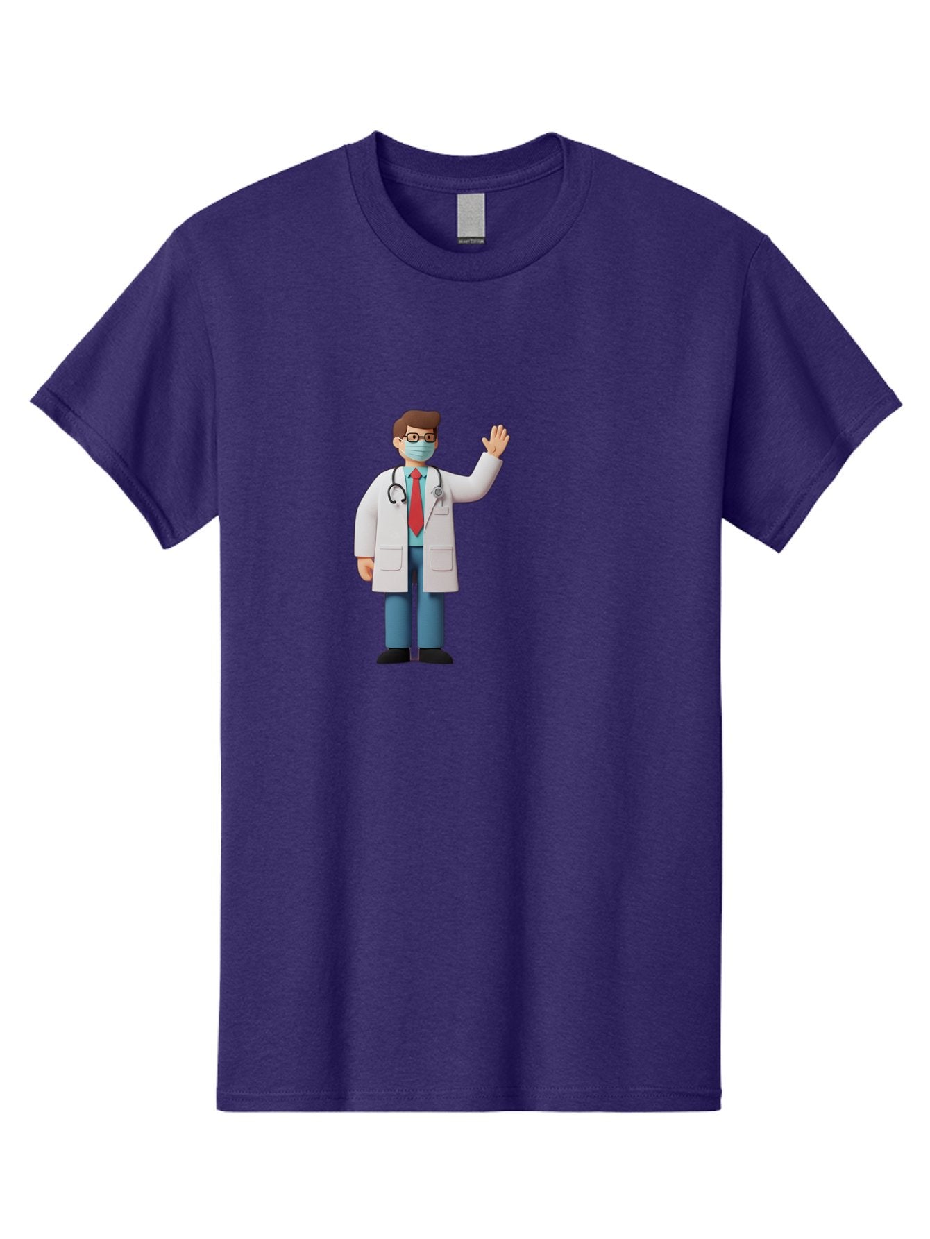 Doctor-Waving-3 Men'S Graphic Tee, 100% Cotton, Comfortable Casual Summer Wear, Machine Washable, Doctor Wearing A Mask, Waving Hand, Medical Professional, Healthcare Worker, Stethoscope Around Neck, Friendly Gesture, Cartoon Style, Baa486