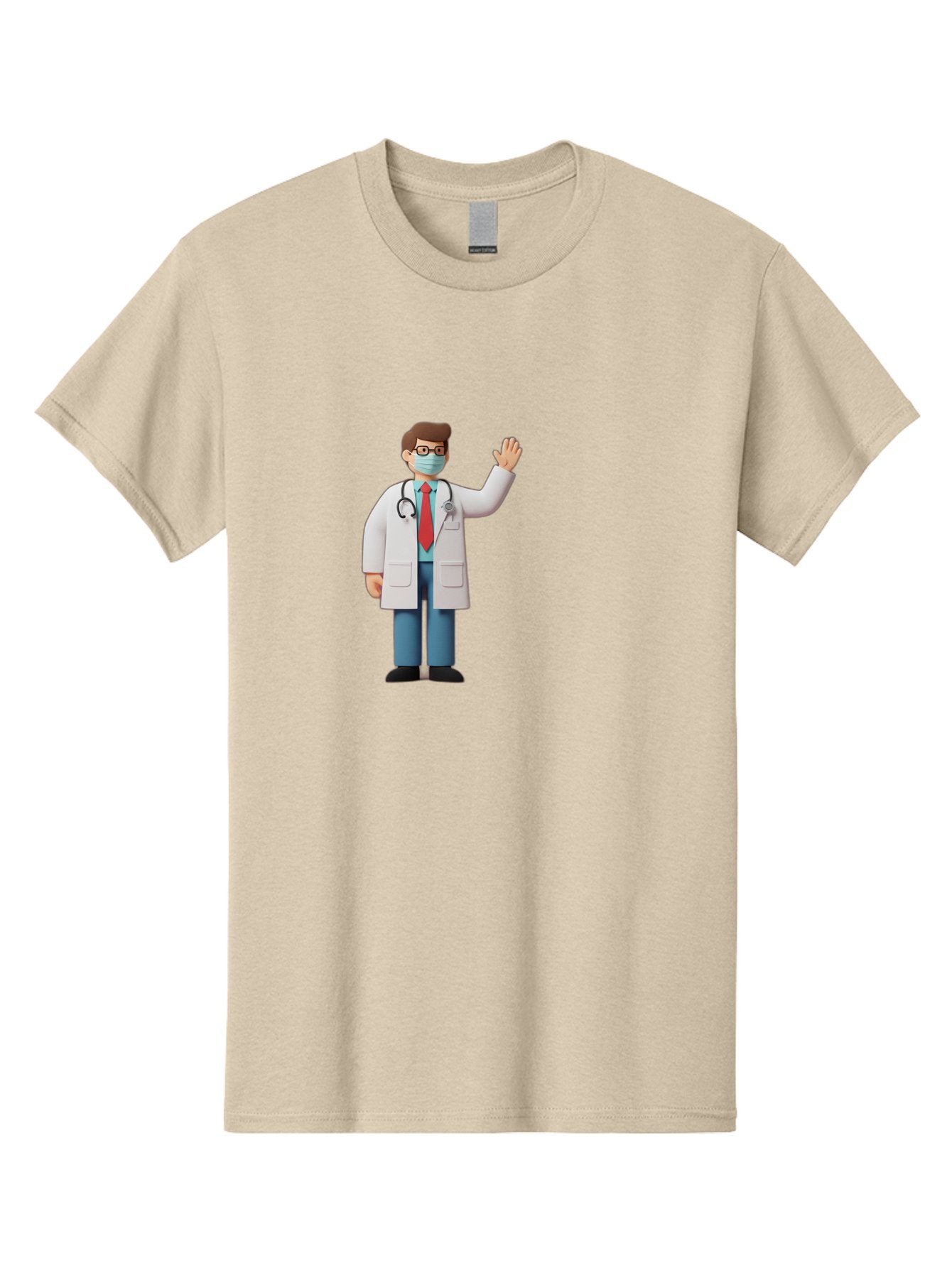 Doctor-Waving-3 Men'S Graphic Tee, 100% Cotton, Comfortable Casual Summer Wear, Machine Washable, Doctor Wearing A Mask, Waving Hand, Medical Professional, Healthcare Worker, Stethoscope Around Neck, Friendly Gesture, Cartoon Style, Baa486 4