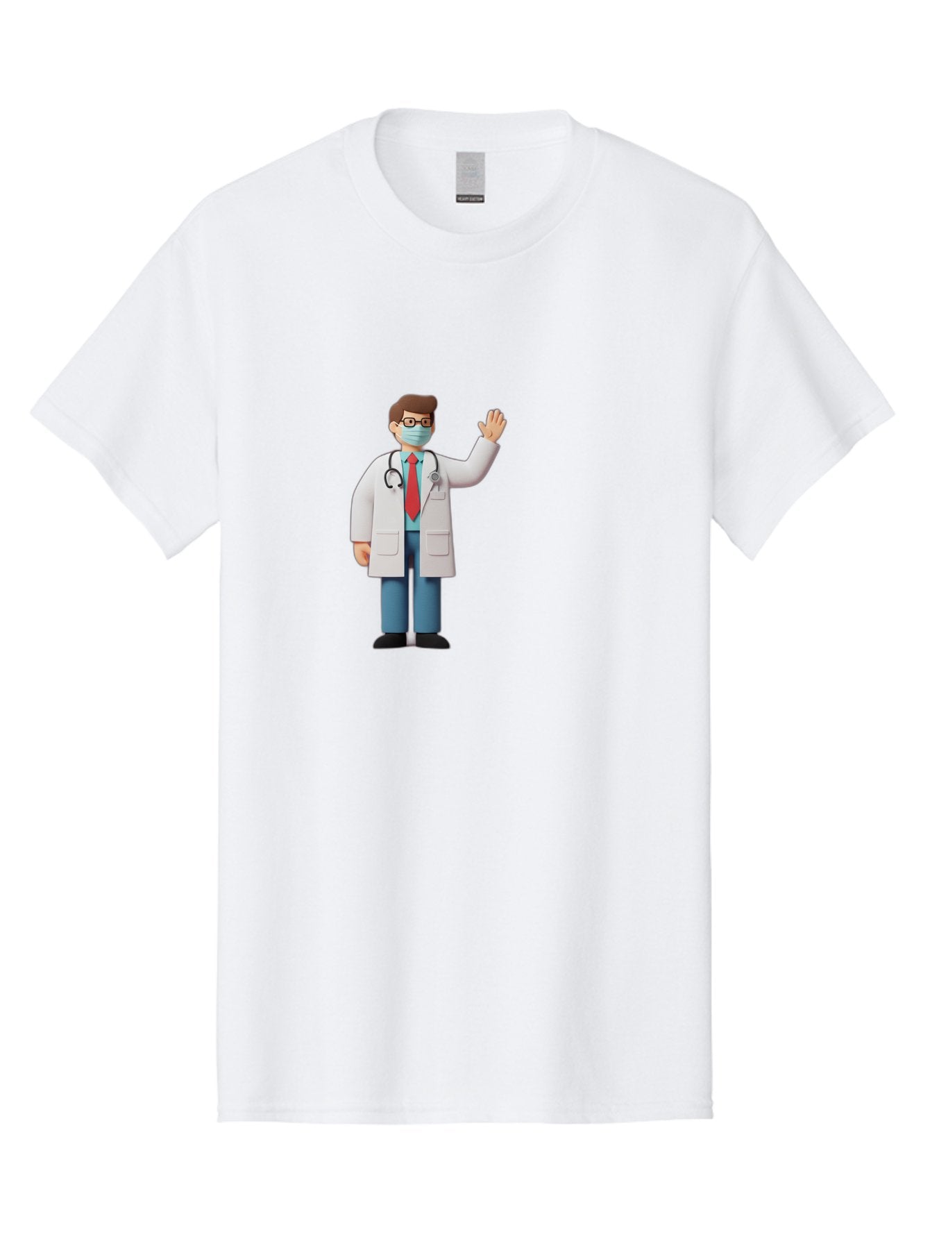 Doctor-Waving-3 Men'S Graphic Tee, 100% Cotton, Comfortable Casual Summer Wear, Machine Washable, Doctor Wearing A Mask, Waving Hand, Medical Professional, Healthcare Worker, Stethoscope Around Neck, Friendly Gesture, Cartoon Style, Baa486 10