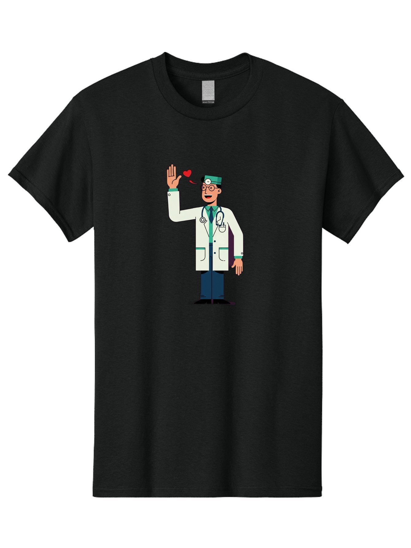 Doctor-Waving-4 Men'S Graphic Tee, 100% Cotton, Comfortable Casual Summer Wear, Machine Washable, Cartoon Doctor, Medical Professional, Friendly Doctor, Stethoscope Around Neck, Waving Hand, Heart Symbol, Welcoming Gesture, Medical Care, Baa487 8