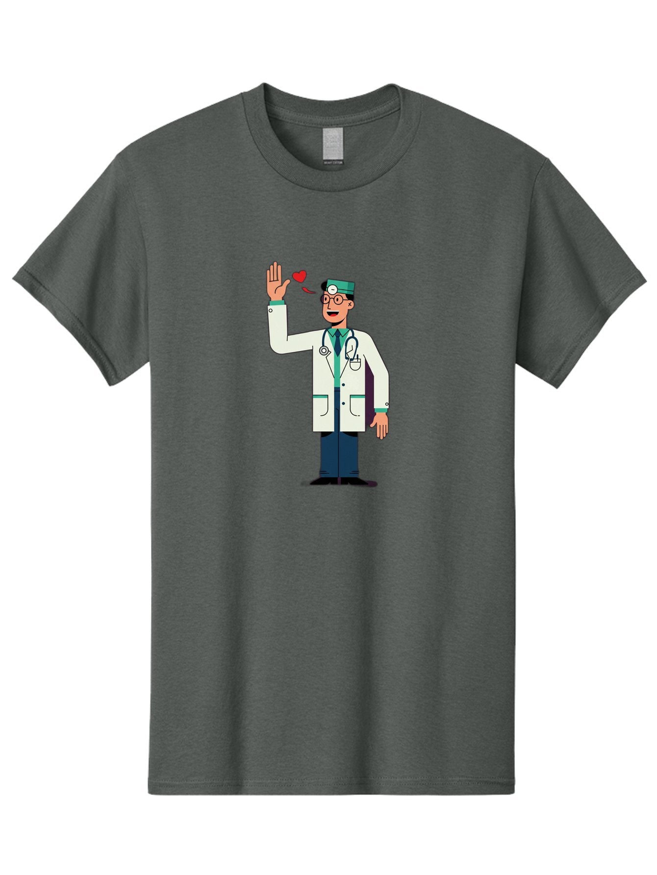 Doctor-Waving-4 Men'S Graphic Tee, 100% Cotton, Comfortable Casual Summer Wear, Machine Washable, Cartoon Doctor, Medical Professional, Friendly Doctor, Stethoscope Around Neck, Waving Hand, Heart Symbol, Welcoming Gesture, Medical Care, Baa487 13