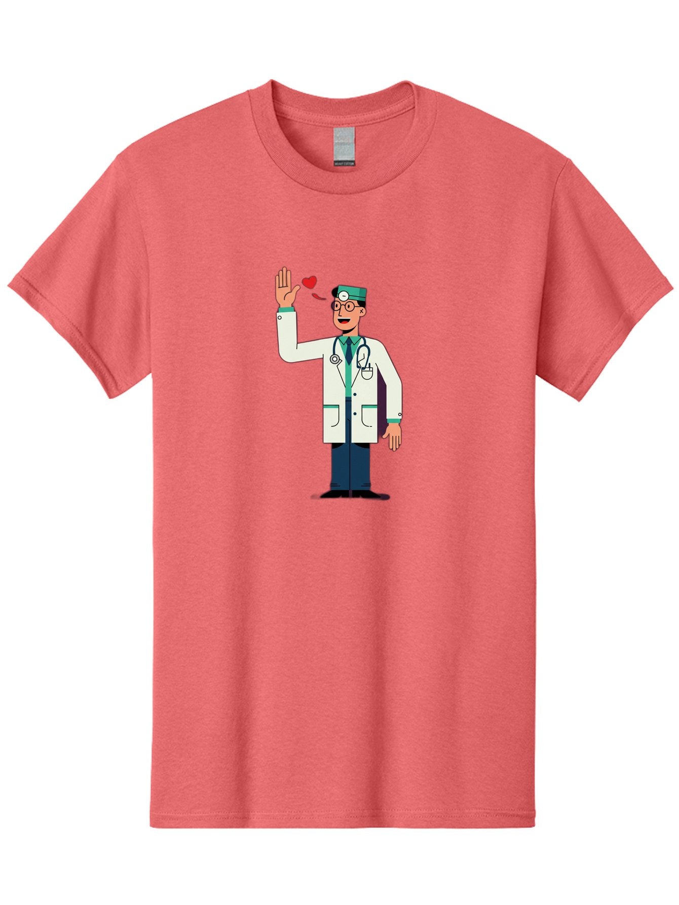 Doctor-Waving-4 Men'S Graphic Tee, 100% Cotton, Comfortable Casual Summer Wear, Machine Washable, Cartoon Doctor, Medical Professional, Friendly Doctor, Stethoscope Around Neck, Waving Hand, Heart Symbol, Welcoming Gesture, Medical Care, Baa487