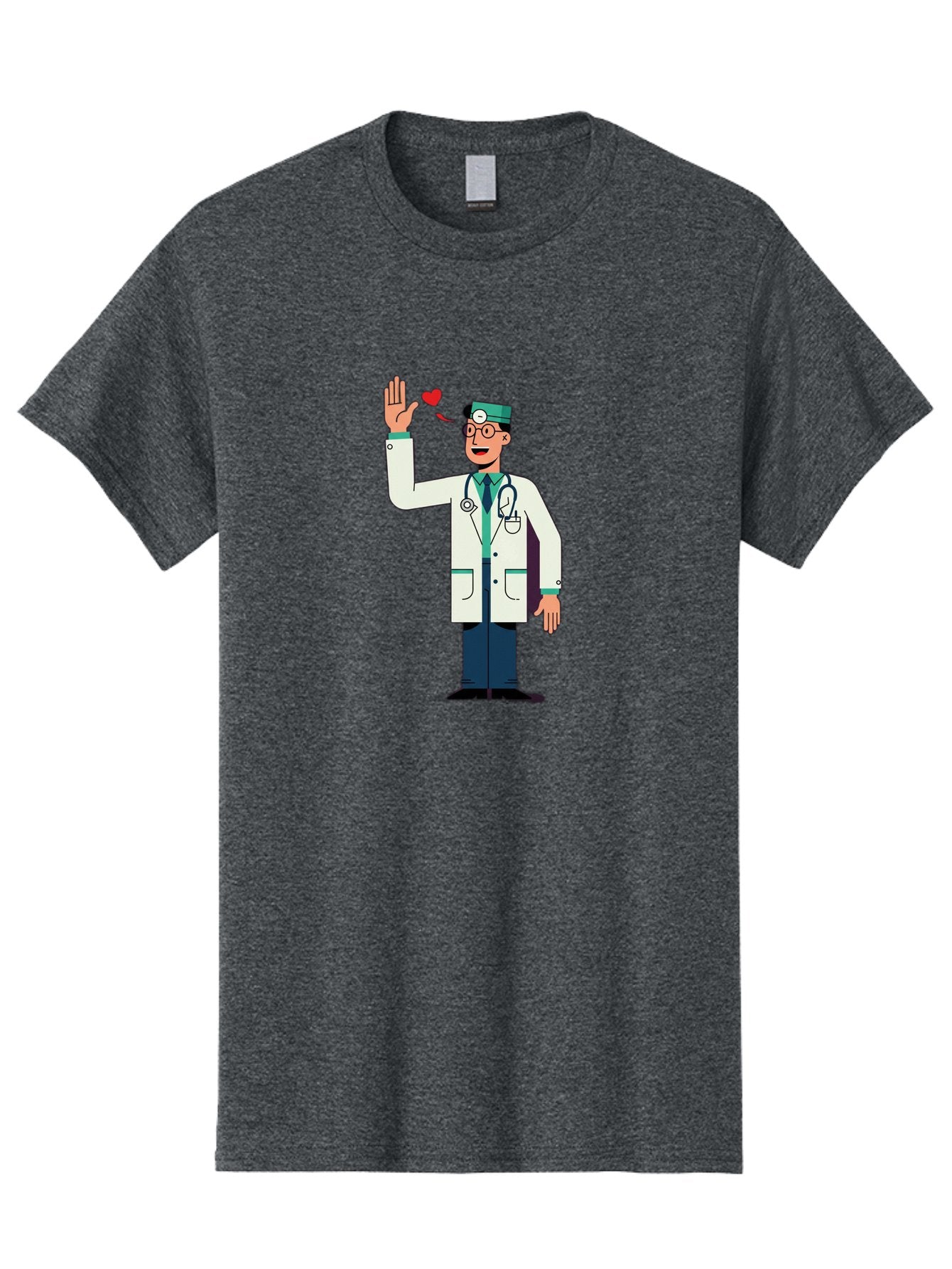 Doctor-Waving-4 Men'S Graphic Tee, 100% Cotton, Comfortable Casual Summer Wear, Machine Washable, Cartoon Doctor, Medical Professional, Friendly Doctor, Stethoscope Around Neck, Waving Hand, Heart Symbol, Welcoming Gesture, Medical Care, Baa487 7