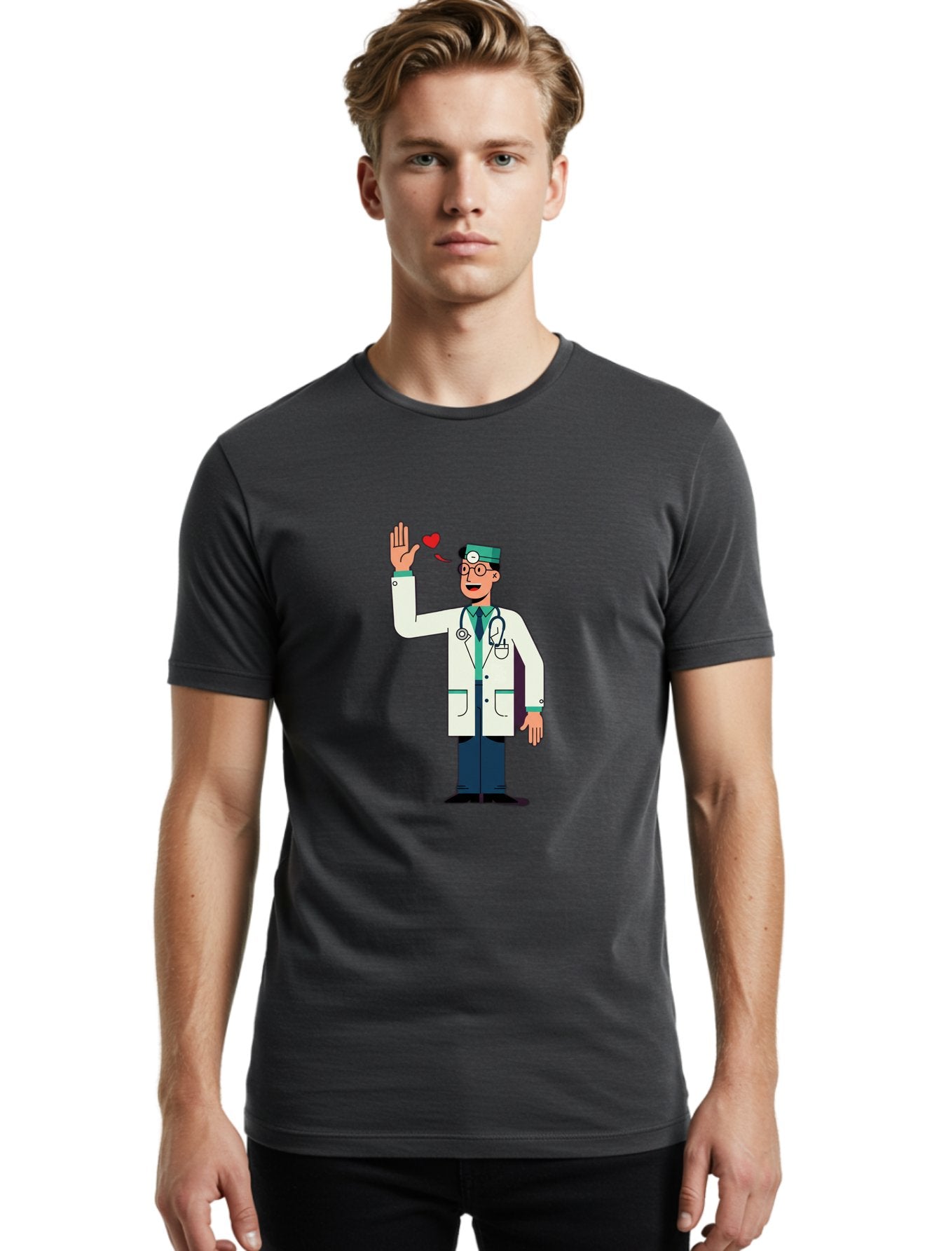 Doctor-Waving-4 Men'S Graphic Tee, 100% Cotton, Comfortable Casual Summer Wear, Machine Washable, Cartoon Doctor, Medical Professional, Friendly Doctor, Stethoscope Around Neck, Waving Hand, Heart Symbol, Welcoming Gesture, Medical Care, Baa487 16