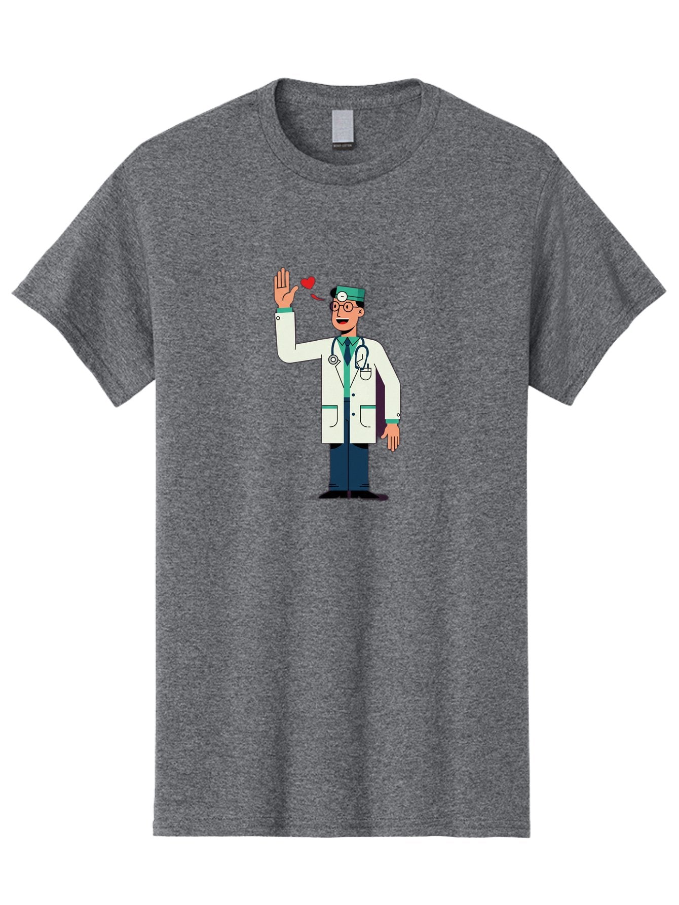 Doctor-Waving-4 Men'S Graphic Tee, 100% Cotton, Comfortable Casual Summer Wear, Machine Washable, Cartoon Doctor, Medical Professional, Friendly Doctor, Stethoscope Around Neck, Waving Hand, Heart Symbol, Welcoming Gesture, Medical Care, Baa487 6