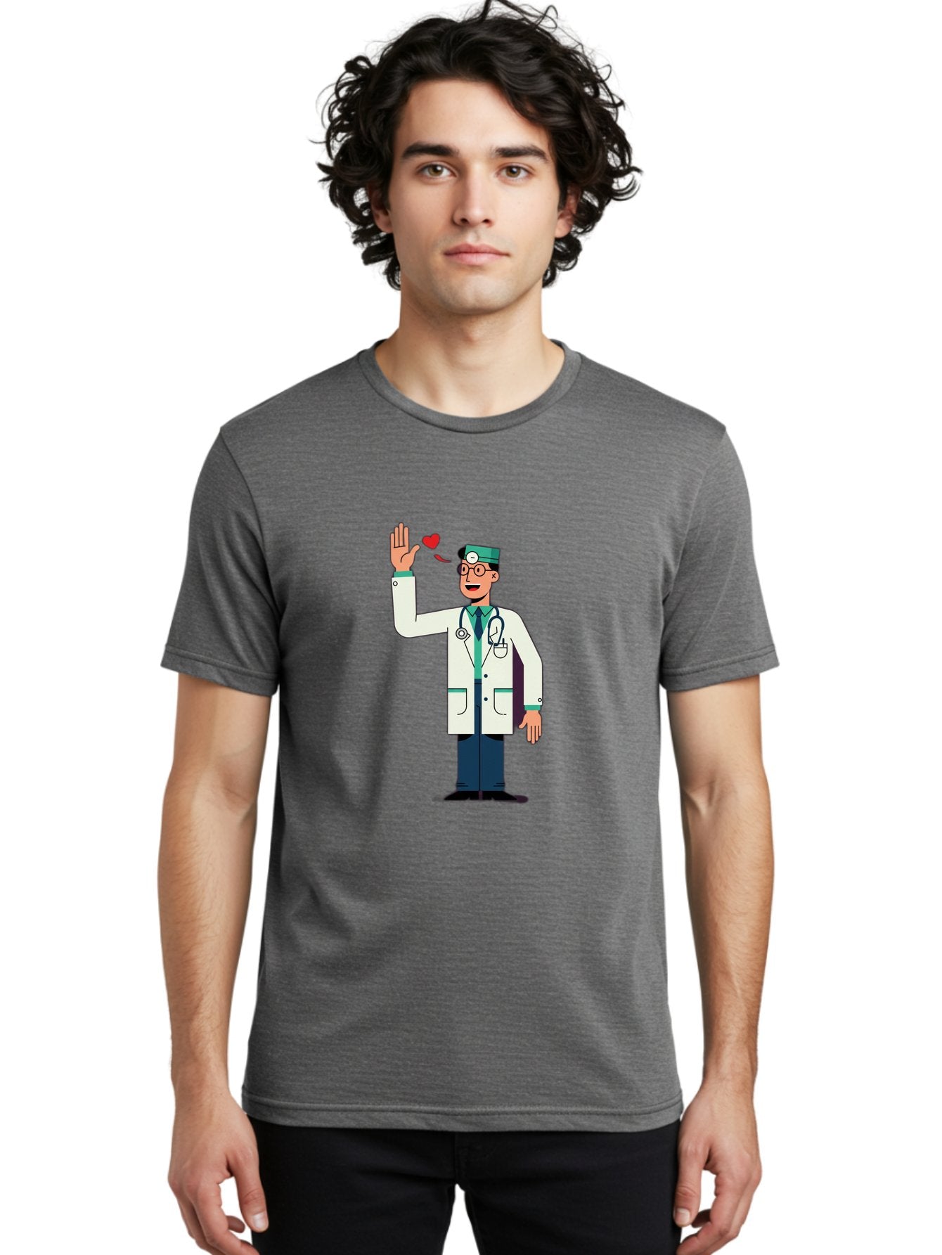 Doctor-Waving-4 Men'S Graphic Tee, 100% Cotton, Comfortable Casual Summer Wear, Machine Washable, Cartoon Doctor, Medical Professional, Friendly Doctor, Stethoscope Around Neck, Waving Hand, Heart Symbol, Welcoming Gesture, Medical Care, Baa487 24
