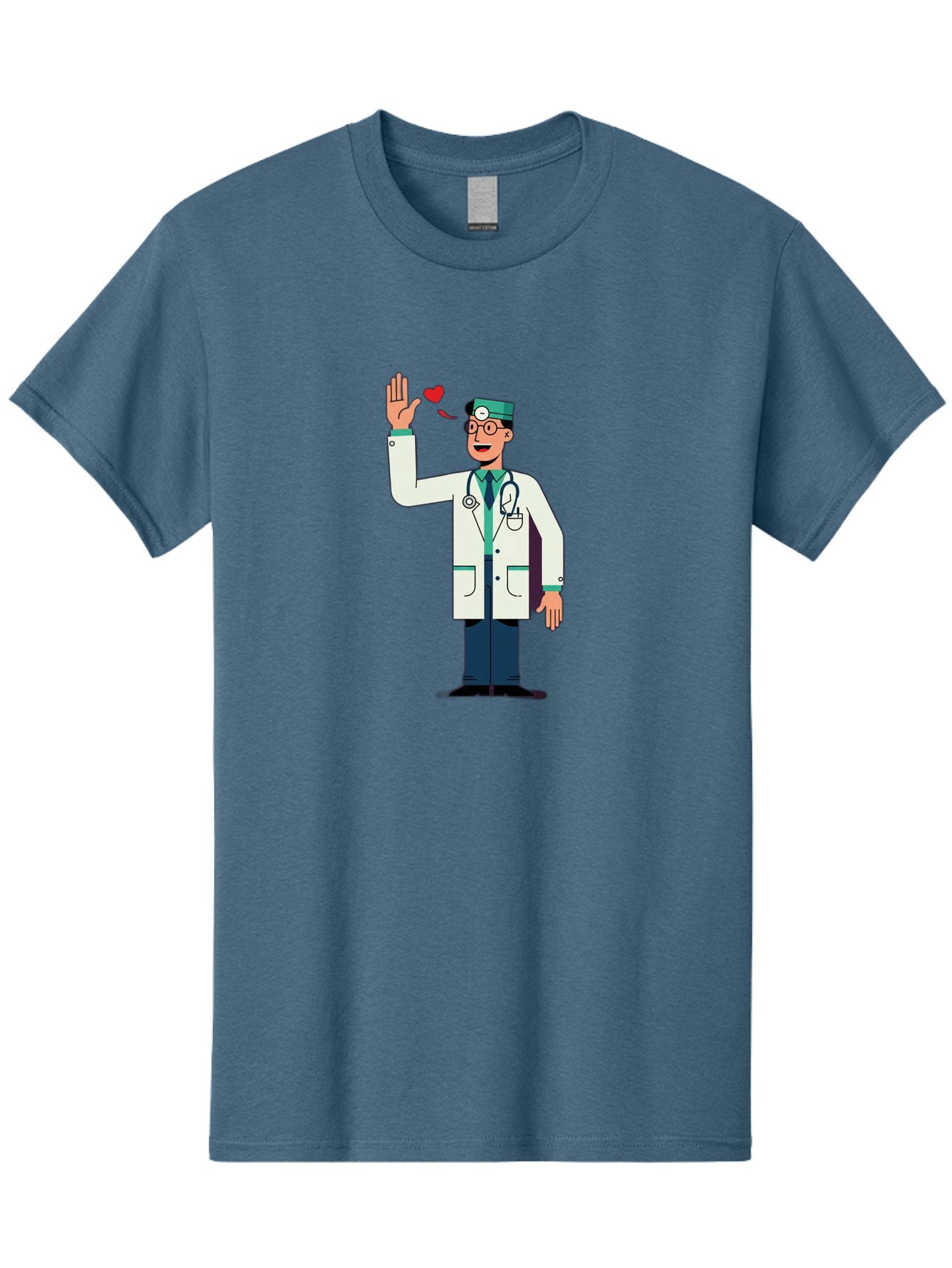 Doctor-Waving-4 Men'S Graphic Tee, 100% Cotton, Comfortable Casual Summer Wear, Machine Washable, Cartoon Doctor, Medical Professional, Friendly Doctor, Stethoscope Around Neck, Waving Hand, Heart Symbol, Welcoming Gesture, Medical Care, Baa487 4