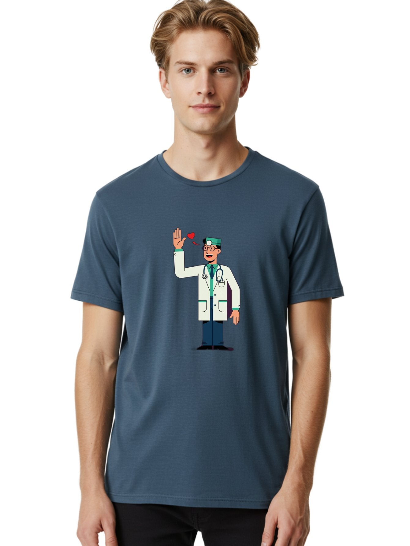 Doctor-Waving-4 Men'S Graphic Tee, 100% Cotton, Comfortable Casual Summer Wear, Machine Washable, Cartoon Doctor, Medical Professional, Friendly Doctor, Stethoscope Around Neck, Waving Hand, Heart Symbol, Welcoming Gesture, Medical Care, Baa487 18
