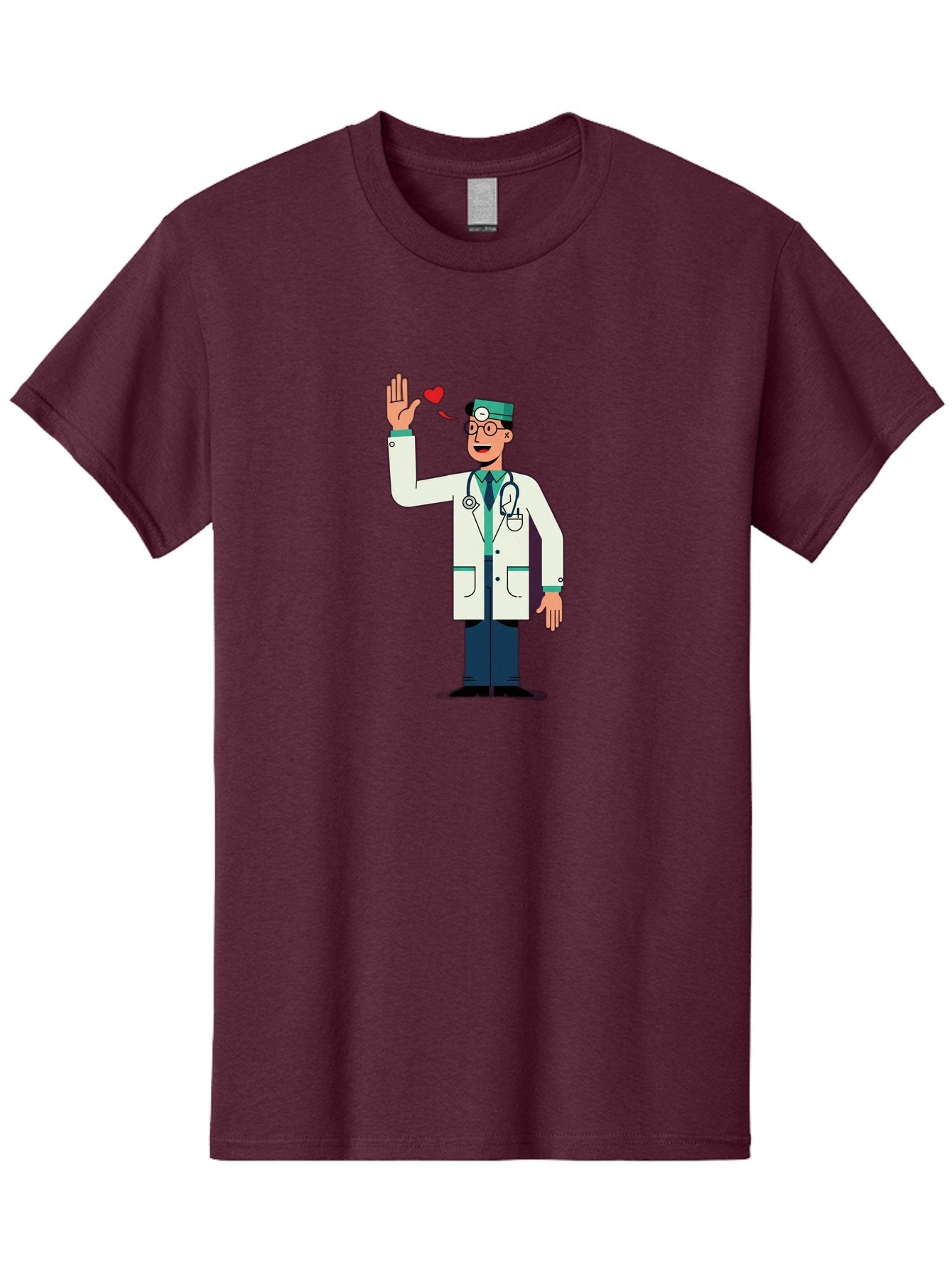Doctor-Waving-4 Men'S Graphic Tee, 100% Cotton, Comfortable Casual Summer Wear, Machine Washable, Cartoon Doctor, Medical Professional, Friendly Doctor, Stethoscope Around Neck, Waving Hand, Heart Symbol, Welcoming Gesture, Medical Care, Baa487 5
