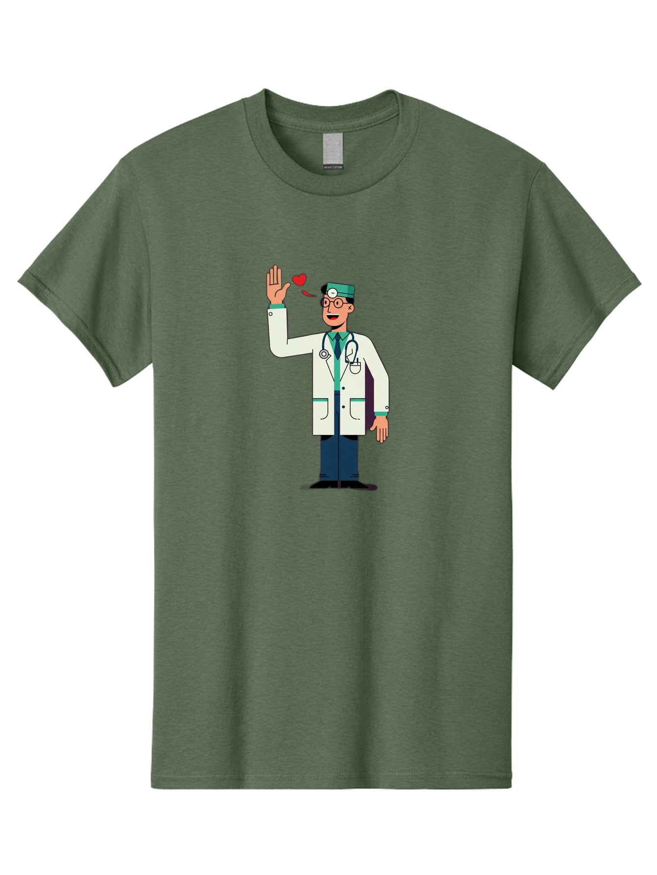 Doctor-Waving-4 Men'S Graphic Tee, 100% Cotton, Comfortable Casual Summer Wear, Machine Washable, Cartoon Doctor, Medical Professional, Friendly Doctor, Stethoscope Around Neck, Waving Hand, Heart Symbol, Welcoming Gesture, Medical Care, Baa487