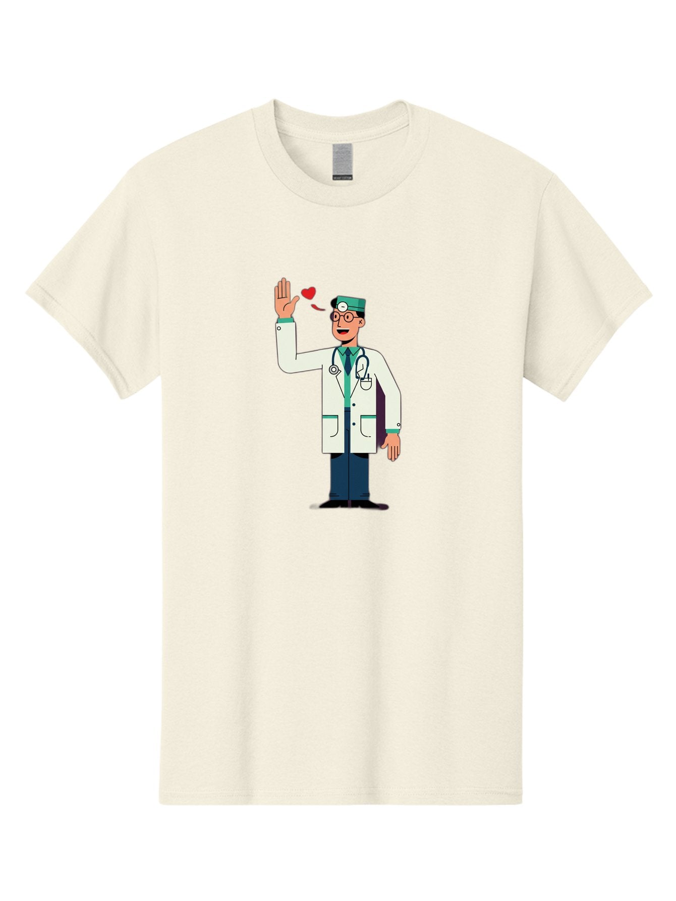 Doctor-Waving-4 Men'S Graphic Tee, 100% Cotton, Comfortable Casual Summer Wear, Machine Washable, Cartoon Doctor, Medical Professional, Friendly Doctor, Stethoscope Around Neck, Waving Hand, Heart Symbol, Welcoming Gesture, Medical Care, Baa487 3